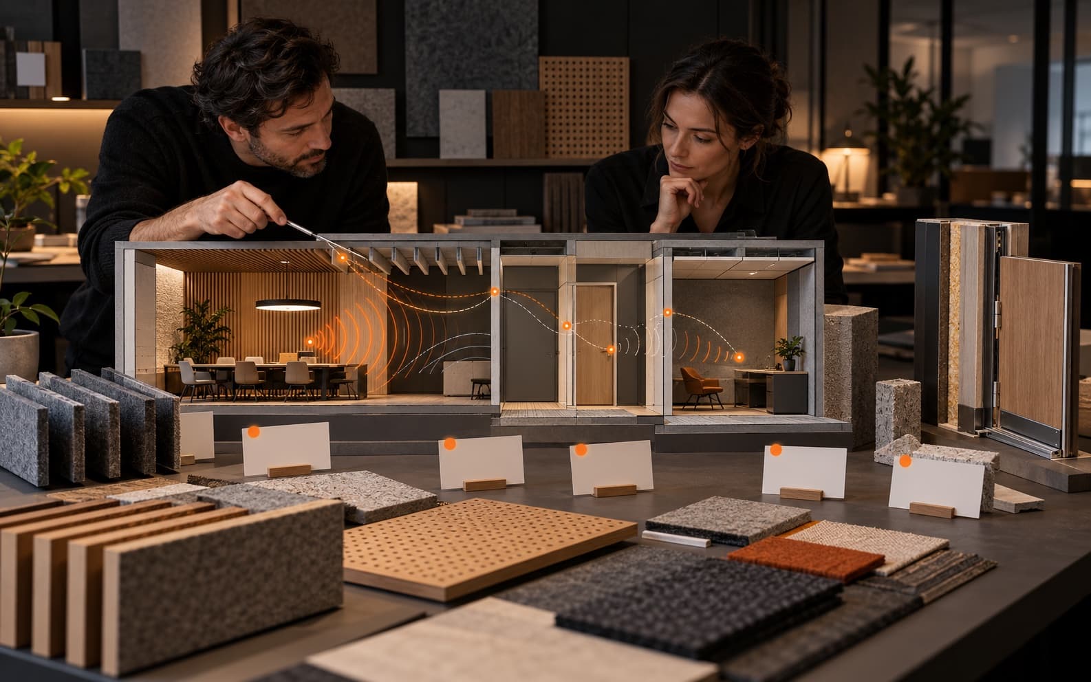 Two interior-design professionals reviewing a sectional room model, acoustic material samples, partition and door assemblies, and abstract orange sound paths in a dark architecture studio.