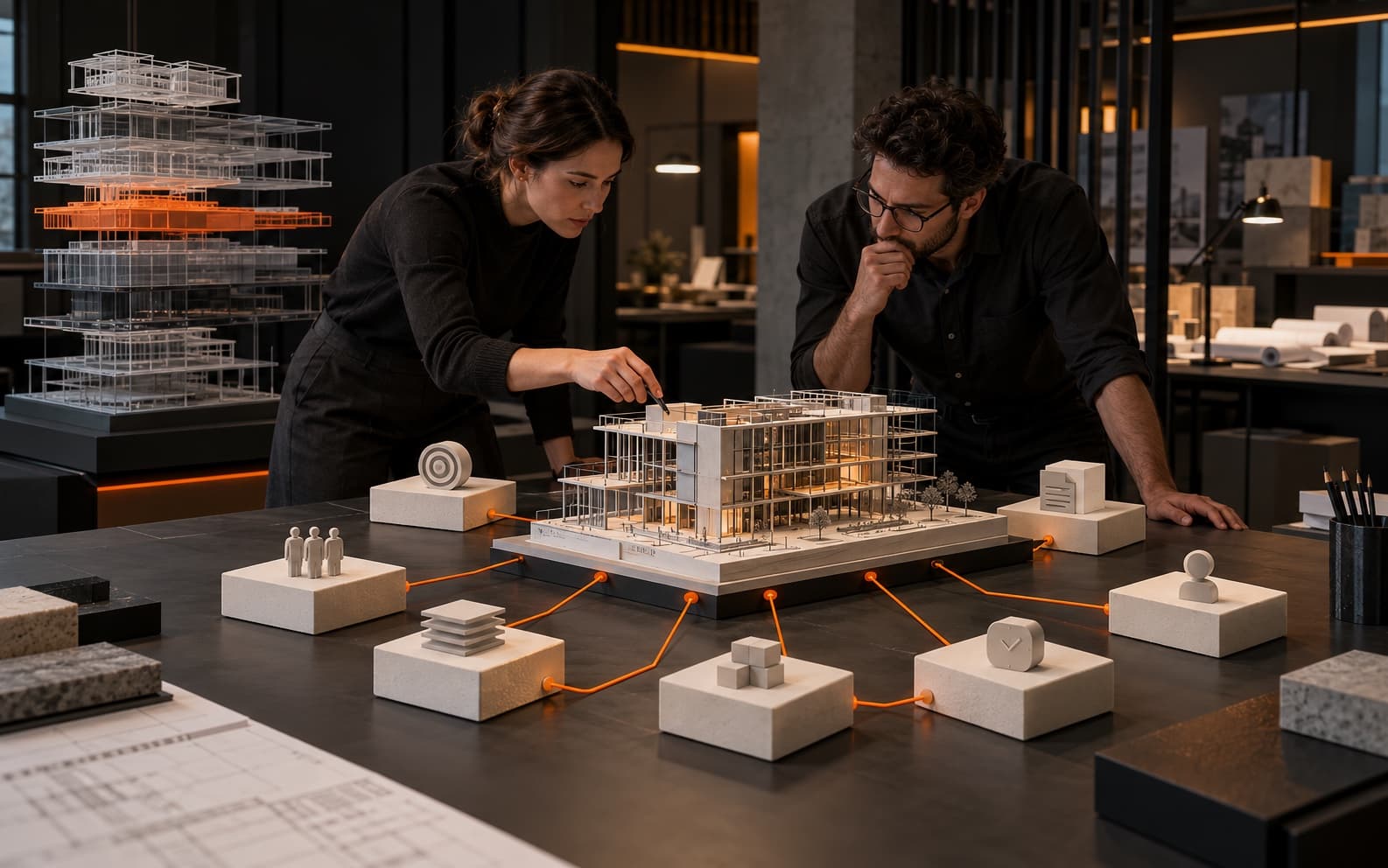 BIM information manager and design coordinator reviewing a physical building model connected by restrained orange routes to eight tactile purpose, people, information, validation, timing, and ownership blocks in a dark studio.