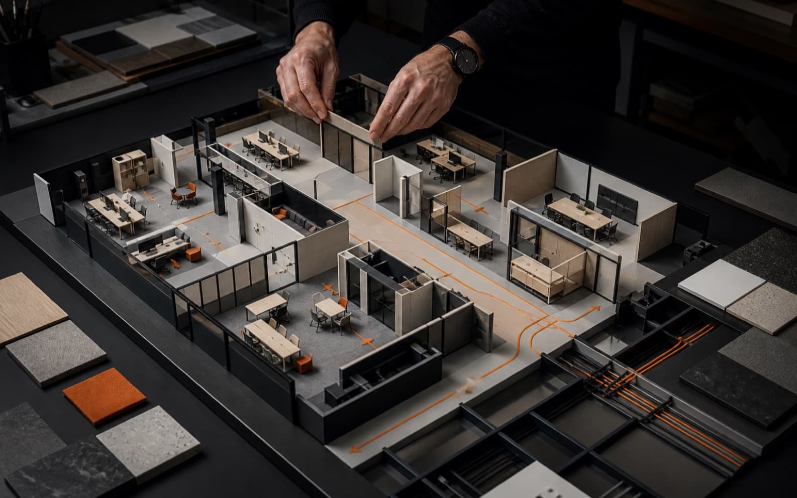 Architect adjusting a modular workplace model with demountable partitions, varied work settings, clear circulation, storage, and orange service paths on a dark studio table.