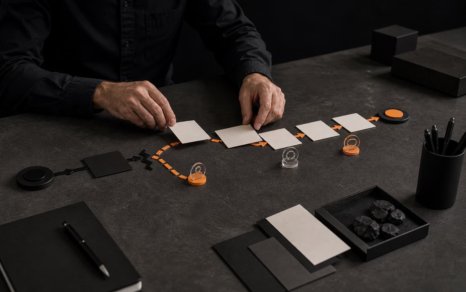 Product lead arranging blank recovery cards along an orange rerouting path between a disrupted service point and a stable endpoint on a dark graphite studio table.