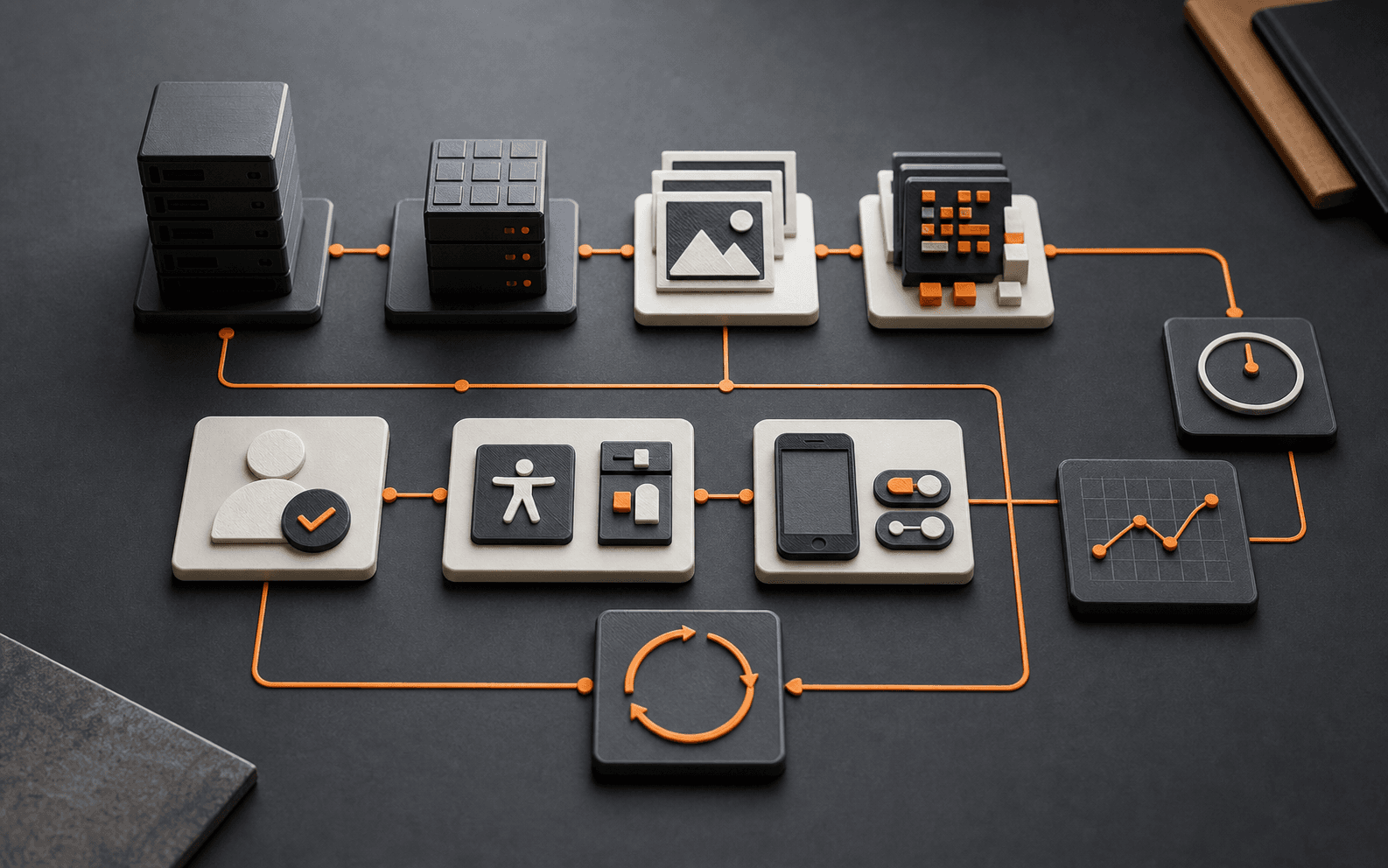 Photorealistic system map of server blocks, cache modules, optimized media tiles, accessibility checks, mobile experience, analytics, and an orange feedback loop.