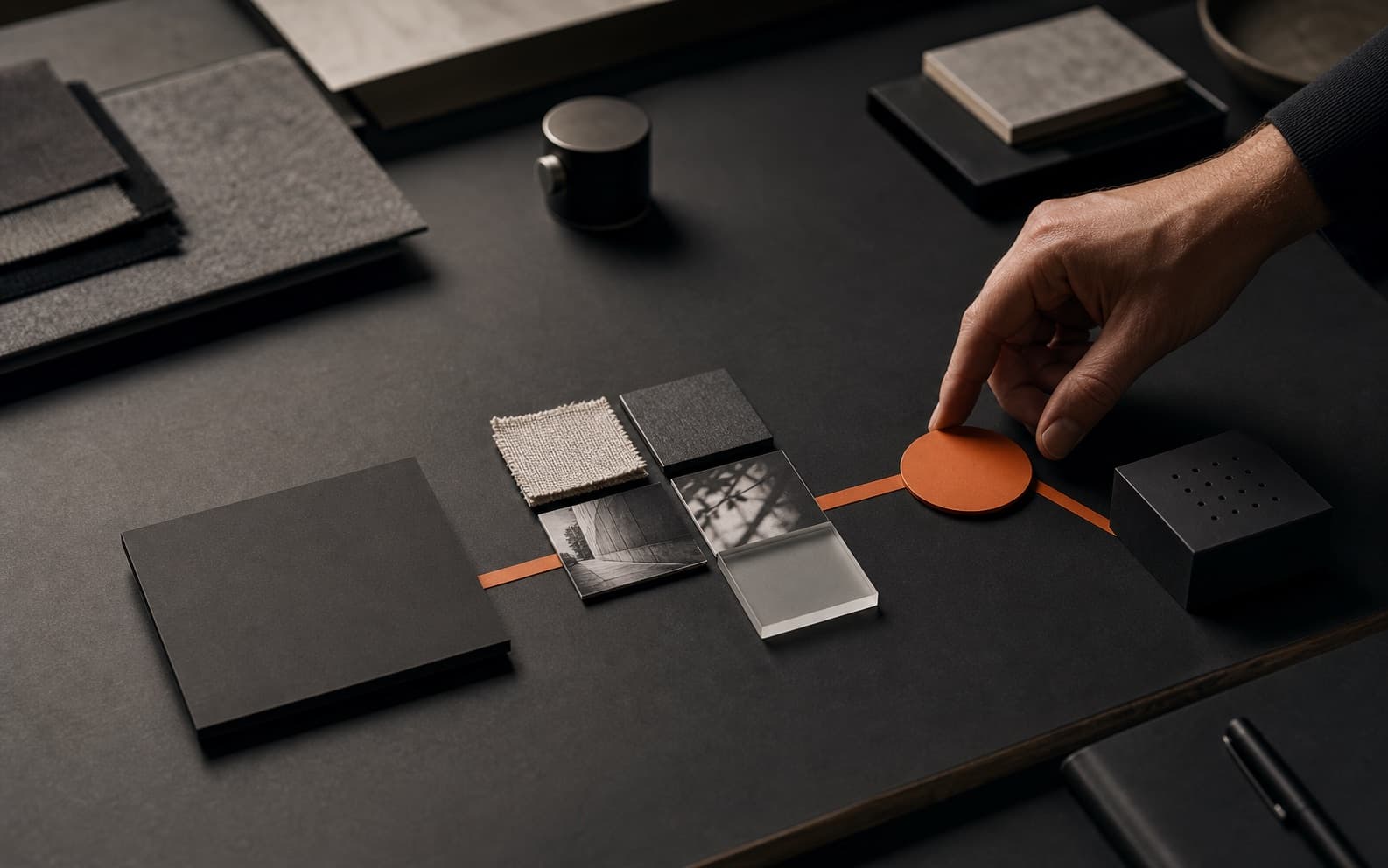 Dark studio table with an offer card, material and image evidence, an orange action marker, and a measurement block arranged as one decision path.