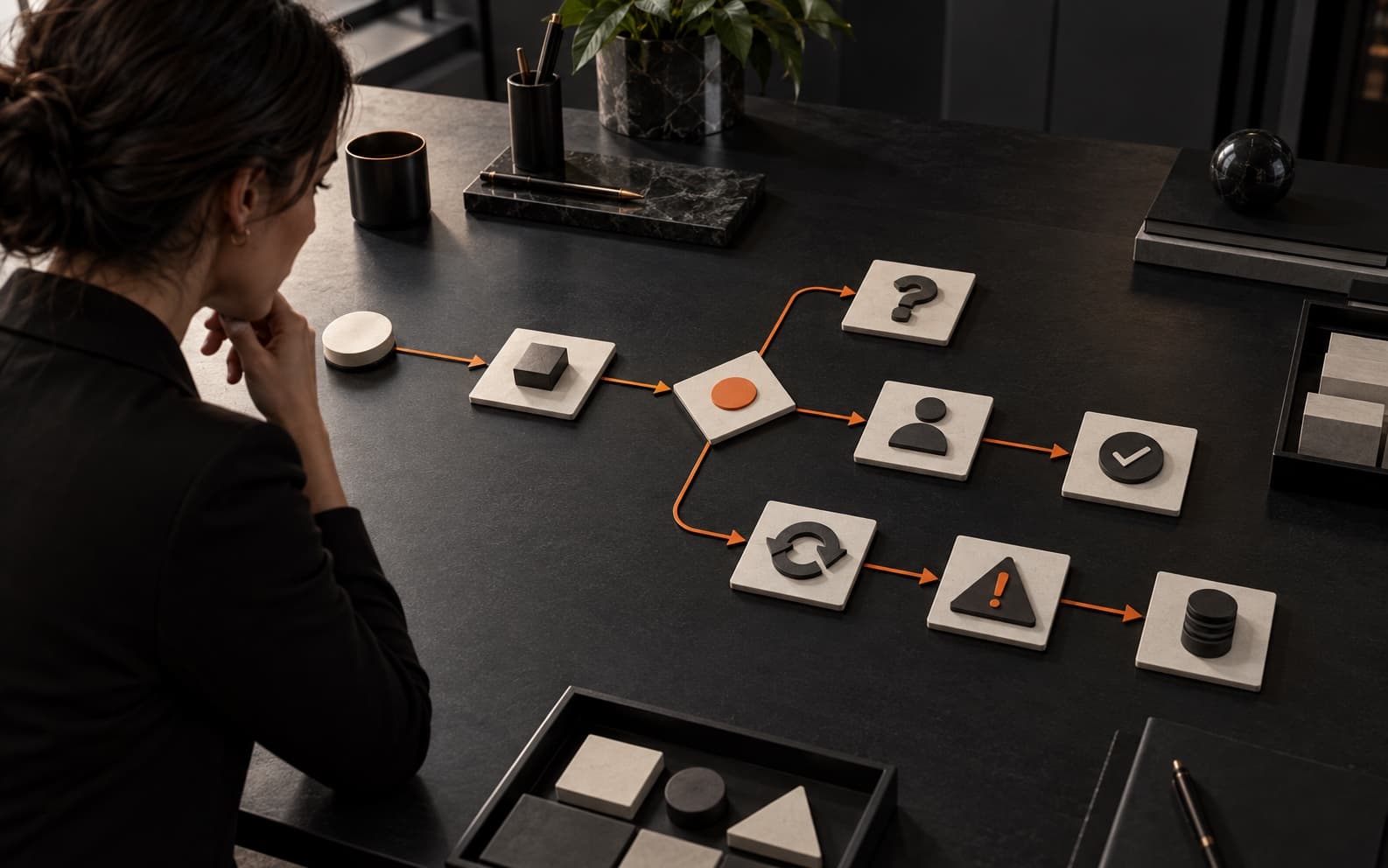Operations lead reviewing a physical workflow model with orange paths branching through ambiguity, human review, recovery, escalation, and evidence checkpoints on a dark studio table.