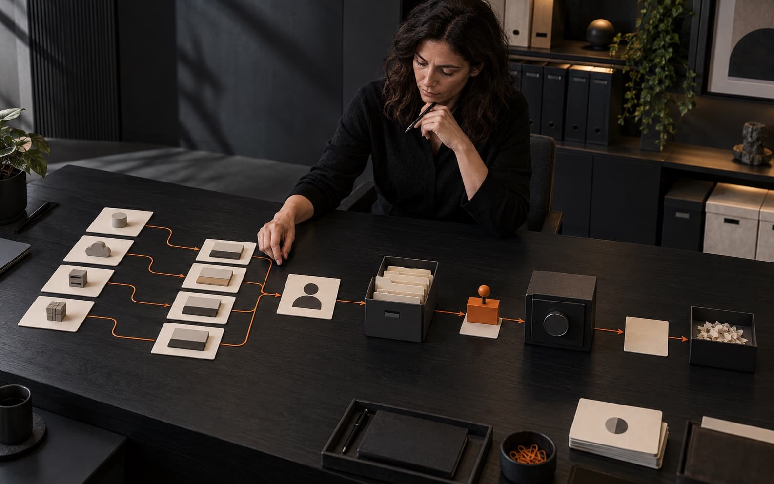 Data-governance lead reviewing a physical lifecycle model that links source systems, ownership cards, archive folders, a hold marker, a backup vault, and controlled disposal with orange paths.