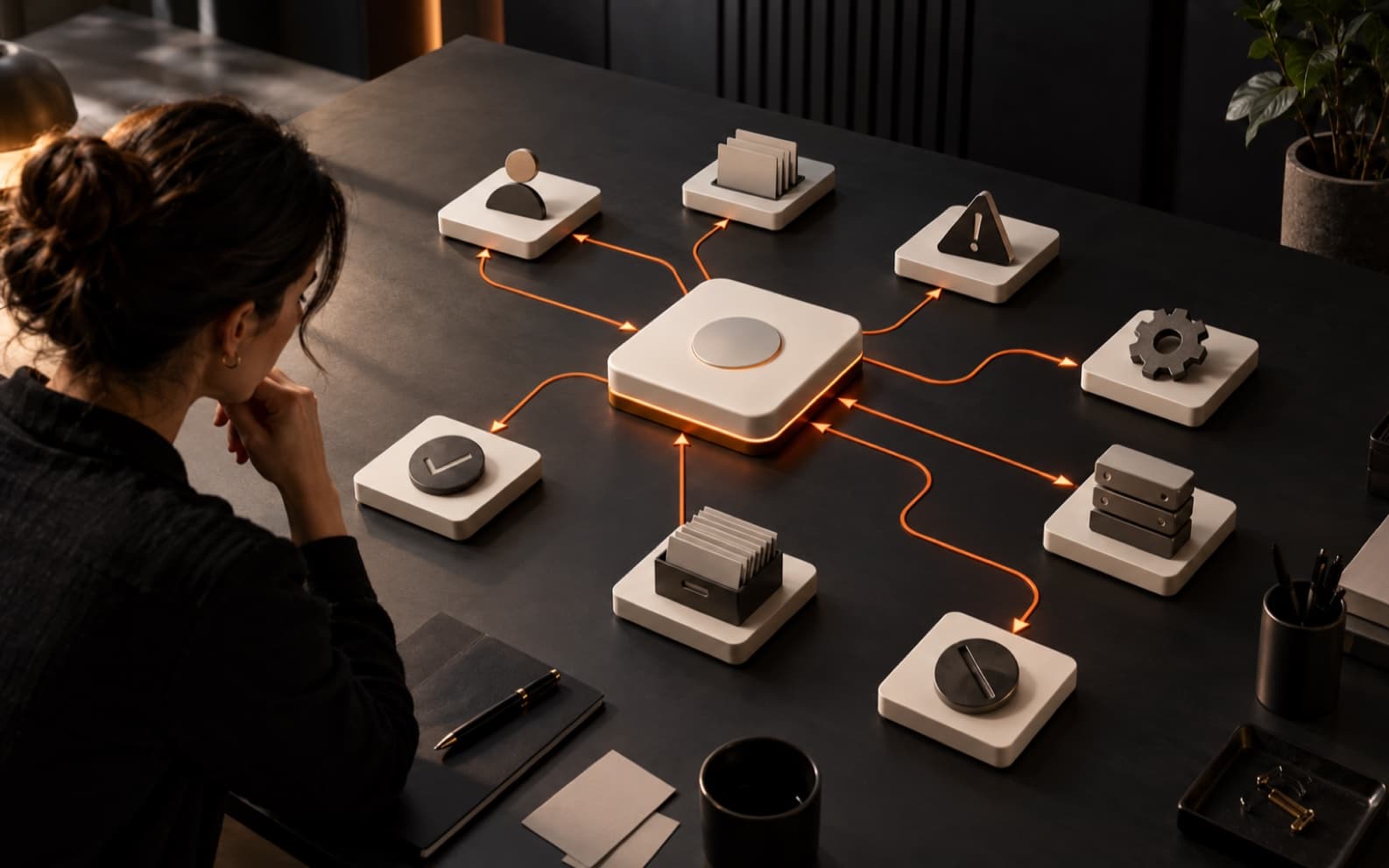 Product operations lead reviewing a central service module linked by orange routes to physical support, evidence, warning, engineering, dependency, and closure stations on a dark studio table.