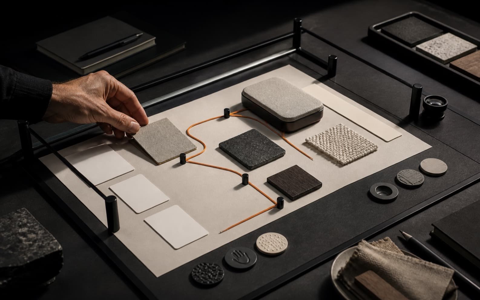 Designer arranging material samples inside a black metal boundary frame as a restrained orange path connects blank option cards and tactile review tokens on a dark graphite studio table.