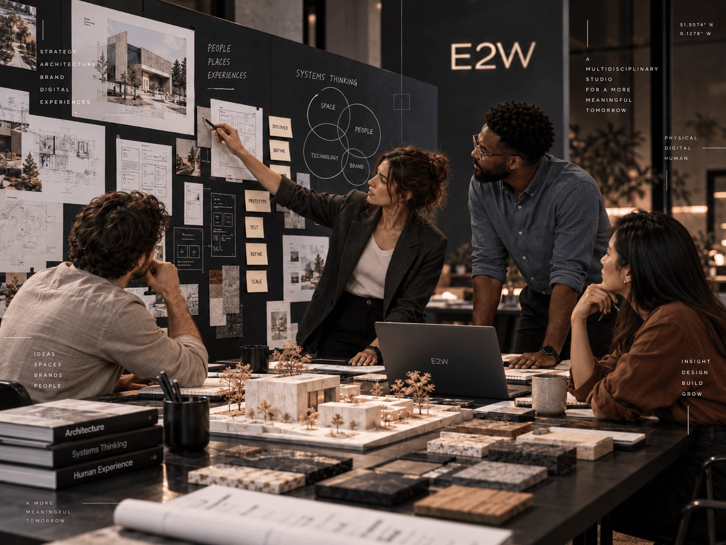 Illustrative visualization of a multidisciplinary creative team reviewing an architectural plan and design concepts