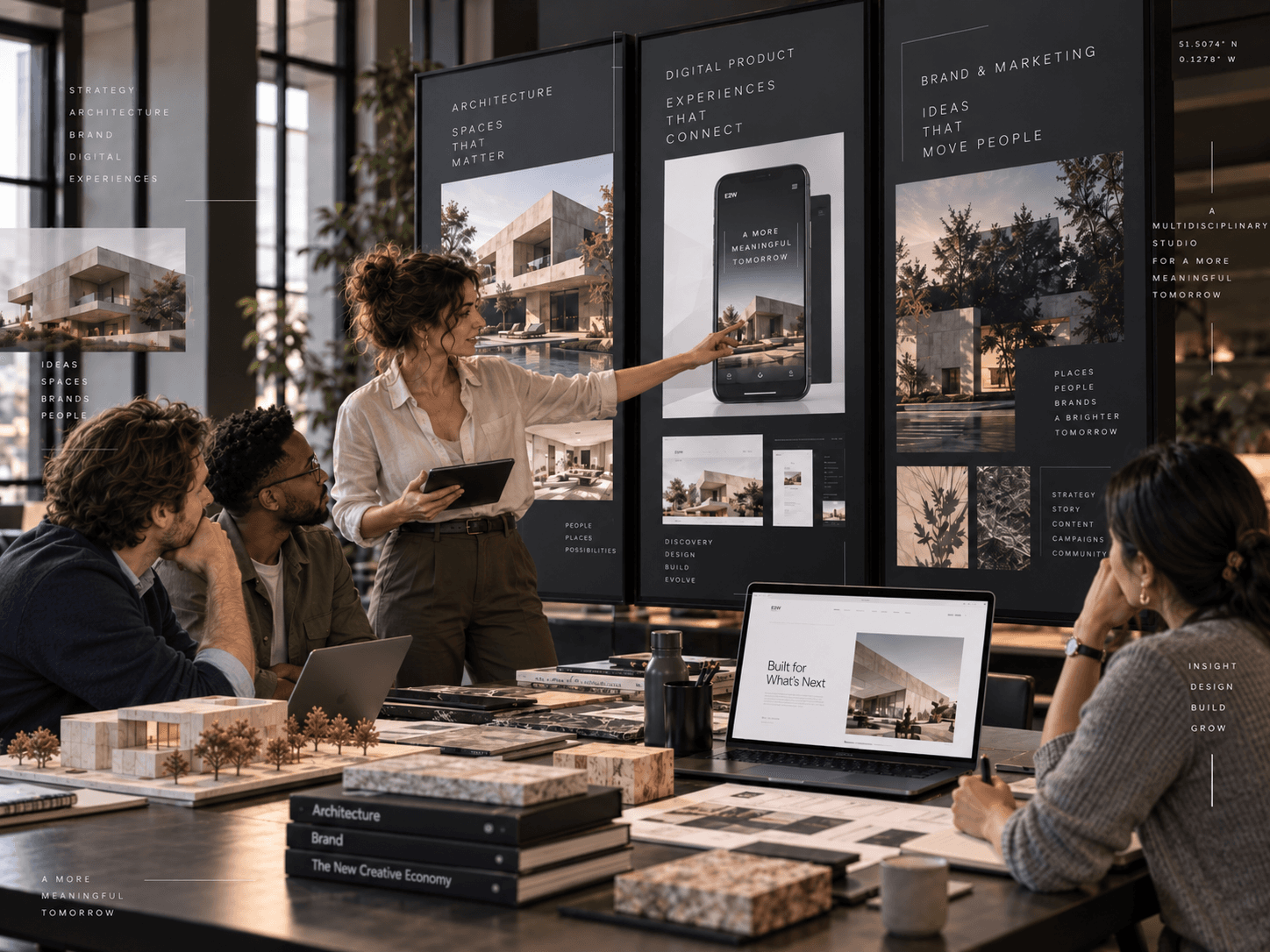 Illustrative visualization of a team presenting architecture, digital product and communications concepts