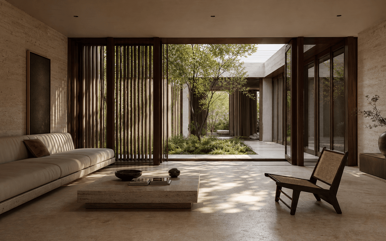 Photorealistic generated living room render opening to a planted private courtyard with timber screen shadows.