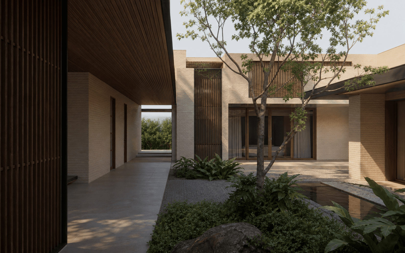 Photorealistic generated courtyard render with pale masonry walls, timber screens, shaded gallery edges and planting.