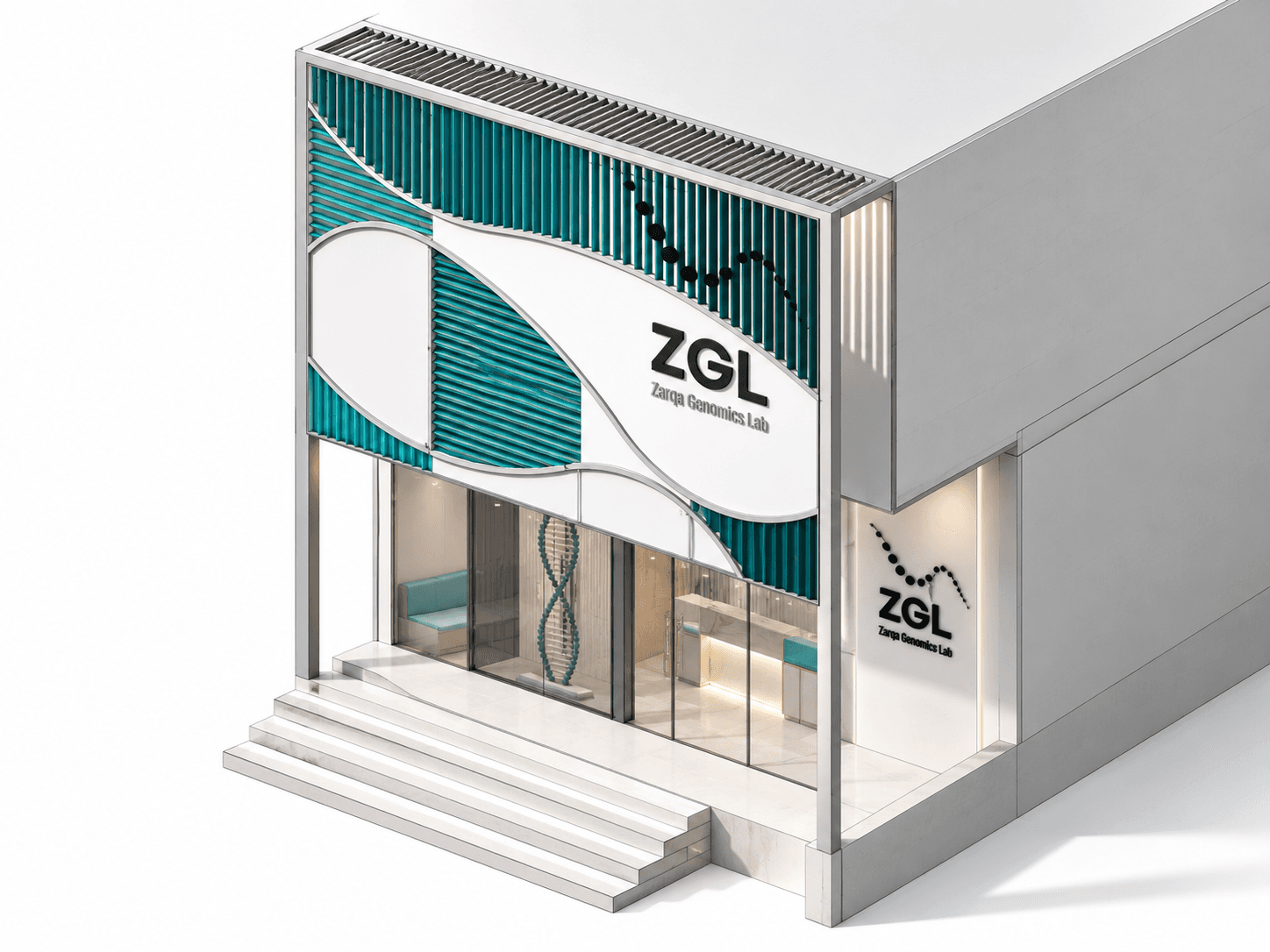 Realistic design visualisation of the Zarqa Genomics Lab entrance façade with teal louvres, flowing white bands, glazing and integrated ZGL identity.