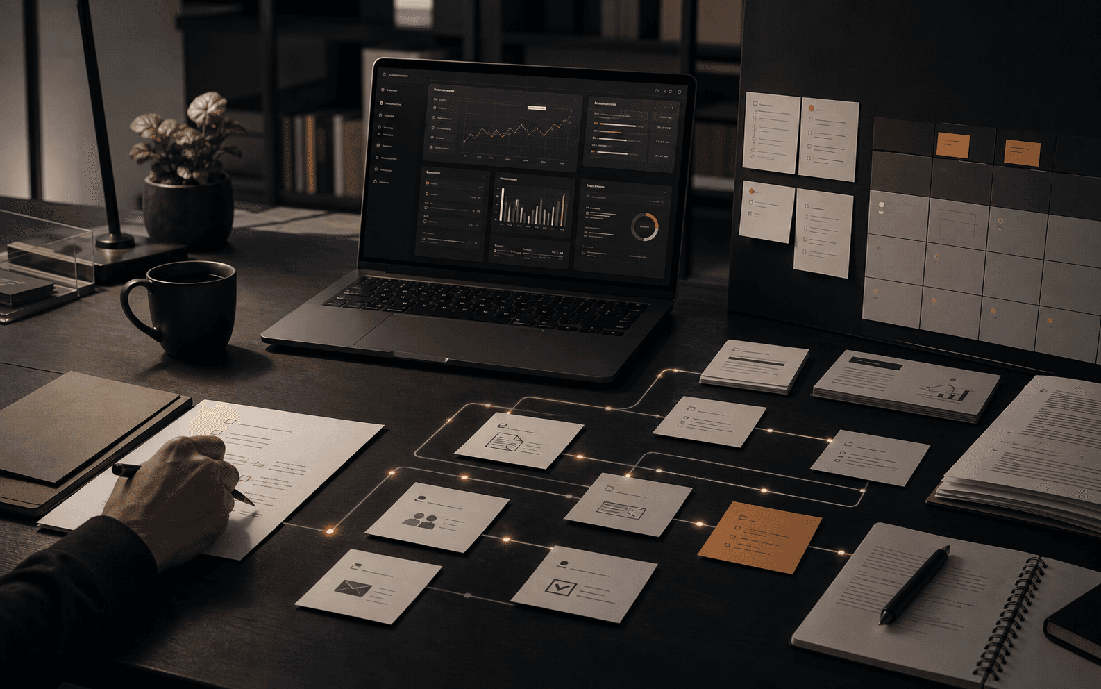 Realistic dark workspace with a laptop operations dashboard, paper workflow cards, and warm orange connection lights suggesting AI-assisted review.