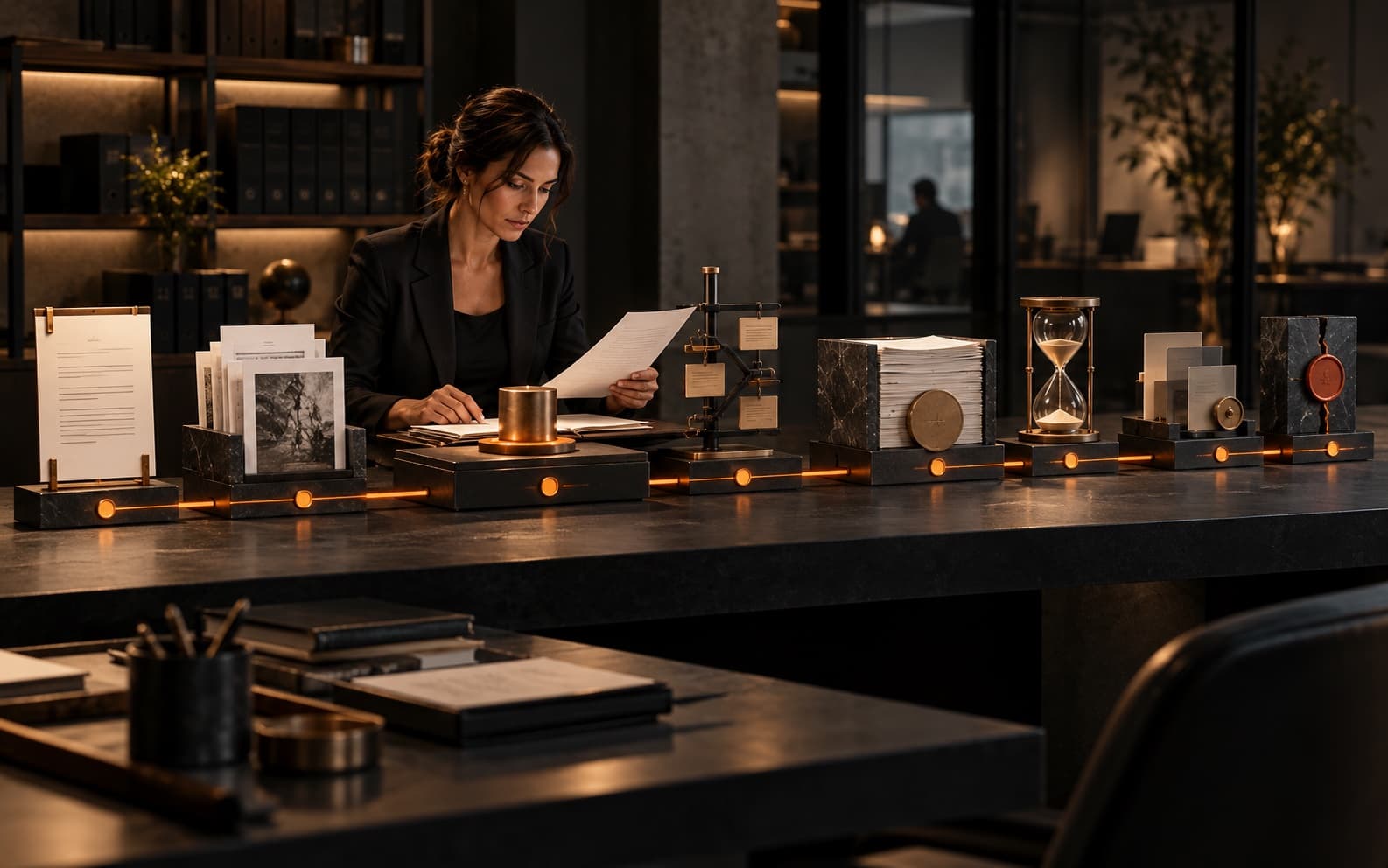 Operations lead reviewing evidence at a dark workflow studio where off-white records, approval gates, an hourglass, sealed record blocks, and restrained orange traceability paths form a durable decision trail.
