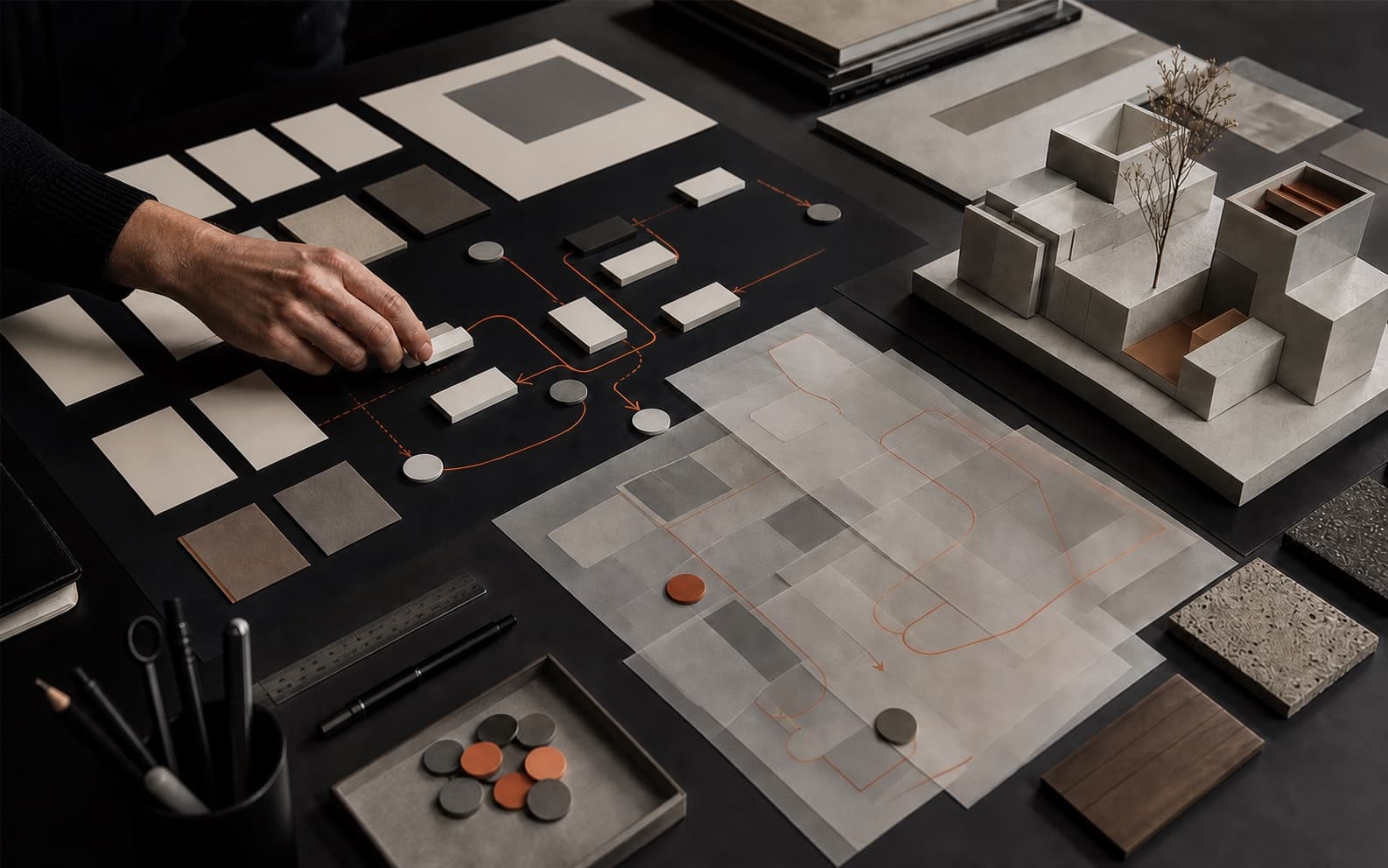 Architect moving a blank spatial-program block across a dark studio table with adjacency tokens, trace overlays, material samples, and an architectural massing model.