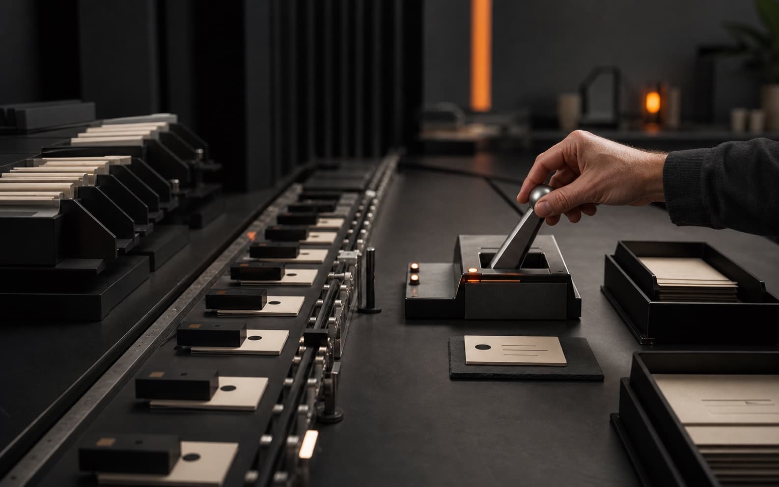 Dark editorial operations studio with task tokens moving along a mechanical workflow toward a physical human review lever at a decision point.