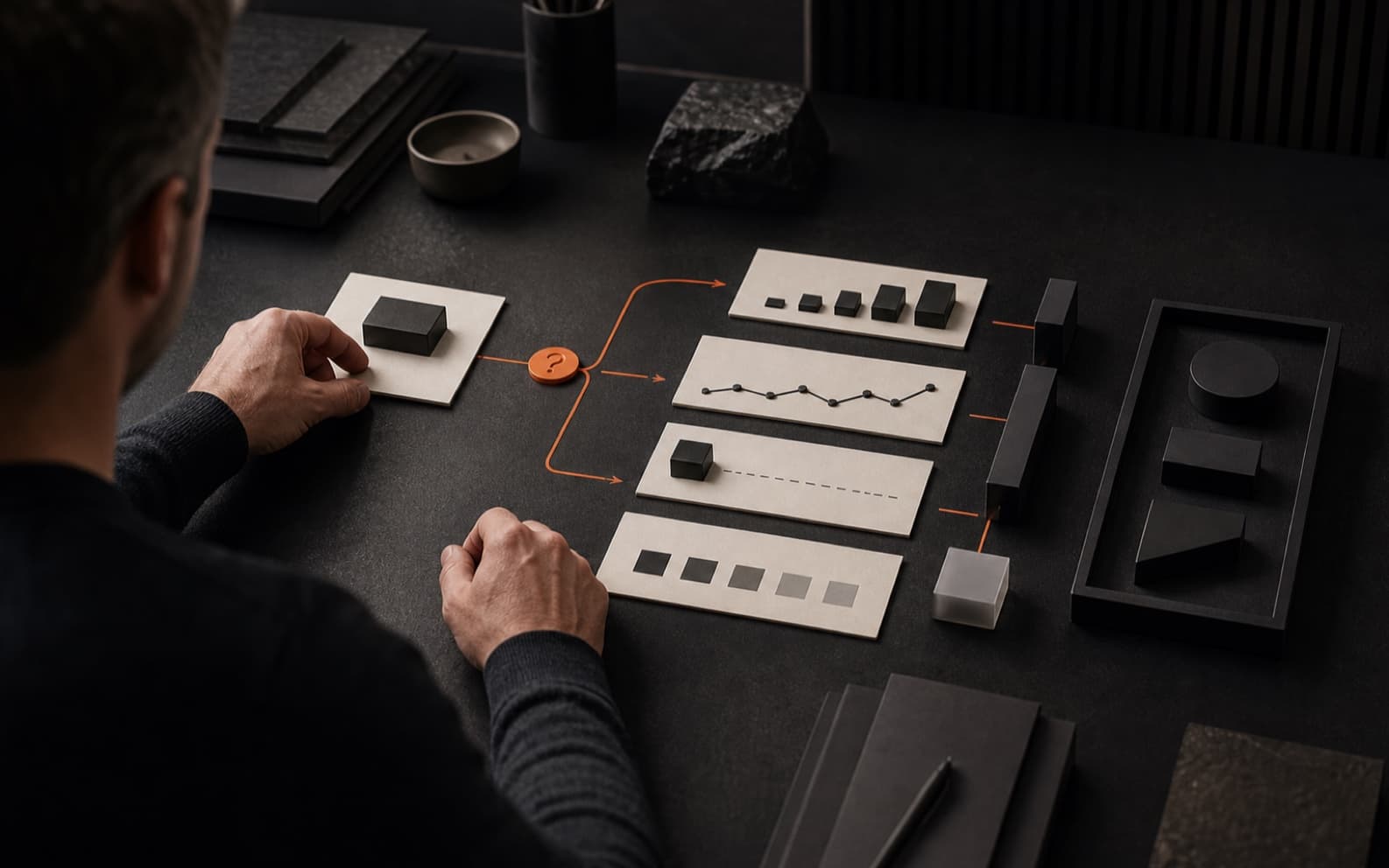 Analyst at a dark strategy worktable arranging off-white metric cards along an orange question-led path toward abstract evidence and action modules.