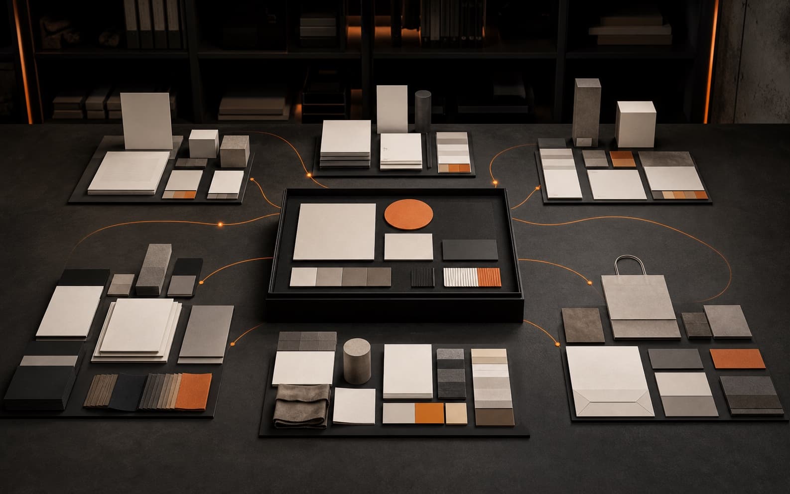 Dark brand strategy studio with one central identity kit connected by orange lines to several locally adapted material and packaging systems.