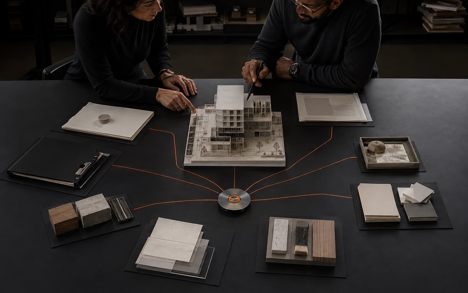 Client representative and architect reviewing a building model surrounded by seven evidence groups connected to an orange authorization gate on a dark studio table.