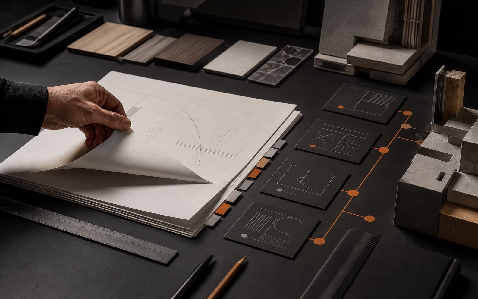 Architect reviewing abstract off-white construction-document sheets beside black coordination cards, material samples, building-junction models, and restrained orange risk paths on a dark studio table.