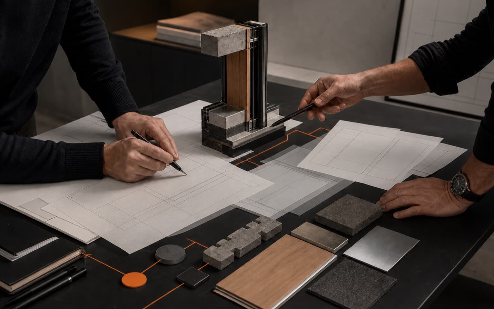 Architect and construction coordinator reviewing unlabeled geometric drawing sheets beside a wall-junction model and material samples on a dark studio table.
