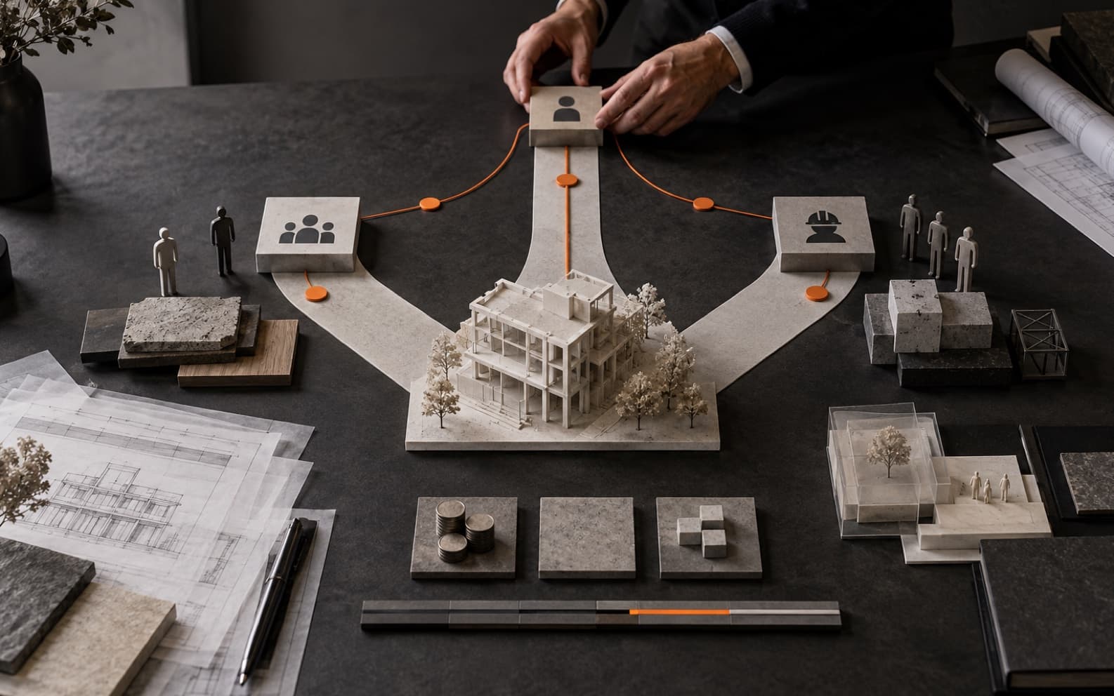 Owner-side professional arranging a decision block above an architectural model where three pale procurement paths connect design teams, contractor markers, cost evidence, materials, and a restrained orange risk line.