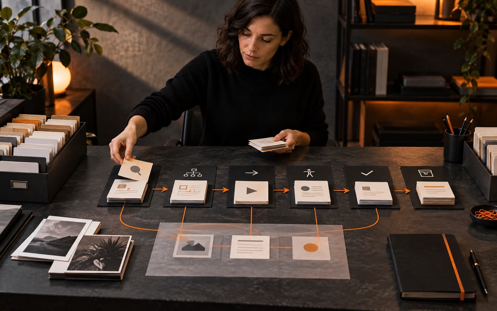 Content strategist moving blank content and media cards from archival trays through linked audit, mapping, validation, approval, and publication stages on a dark studio table.