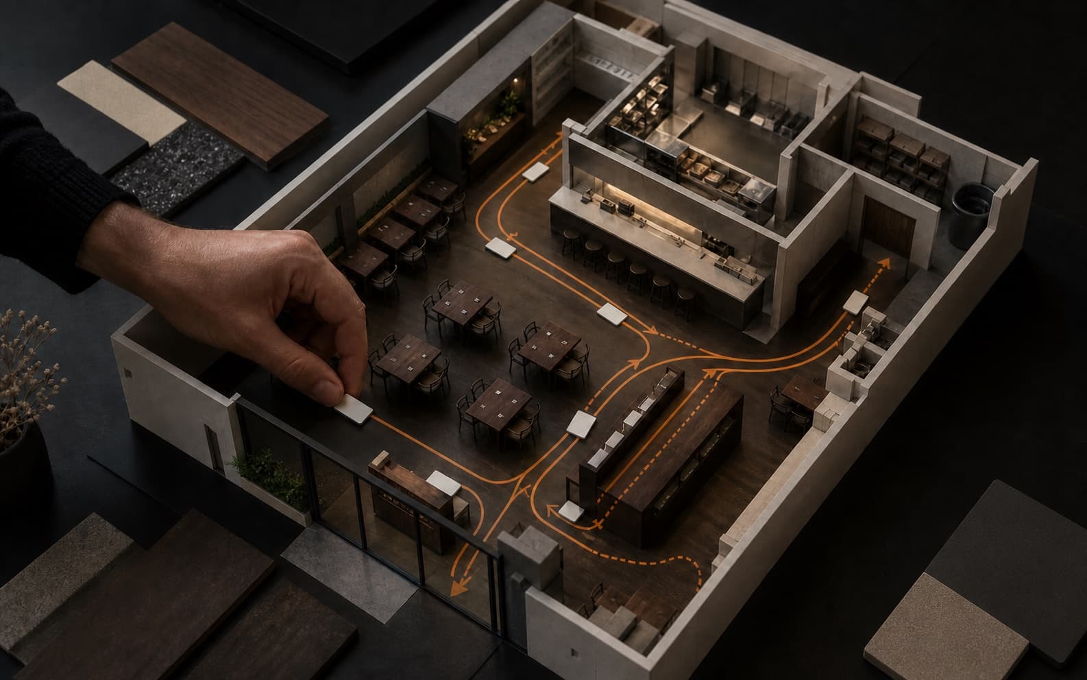 Designer moving a blank route marker through a detailed restaurant model with dining, counter, kitchen, storage, and restrained orange guest and staff circulation paths.