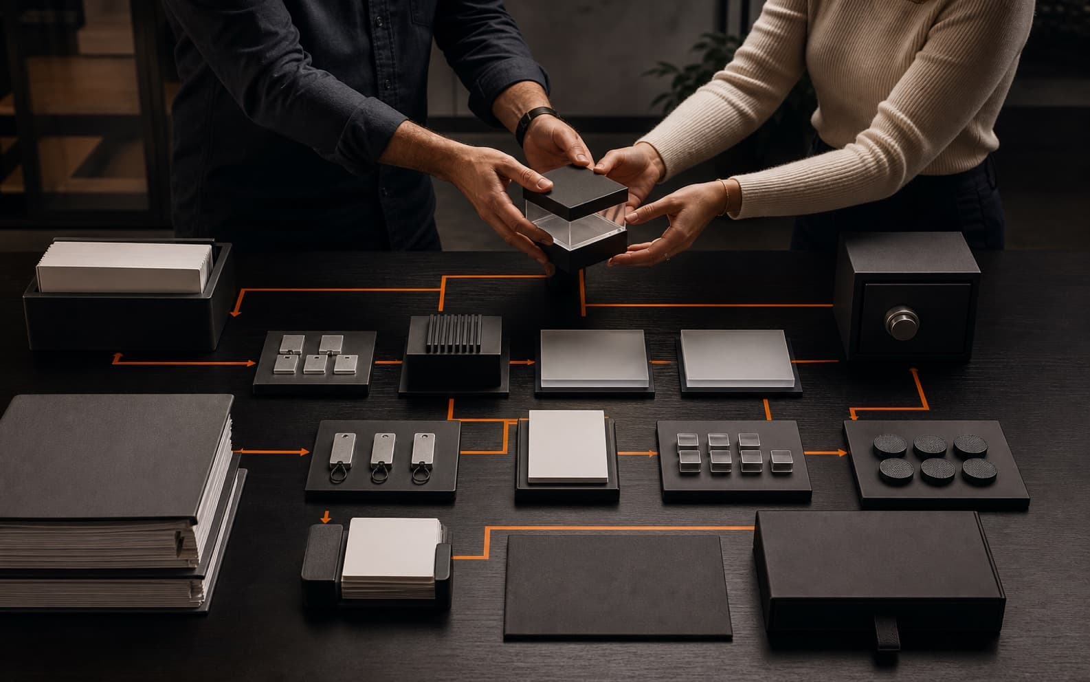 Technical lead and product owner transferring an abstract product module above a dark studio table of access tokens, environment blocks, documentation, recovery components, and orange custody paths.