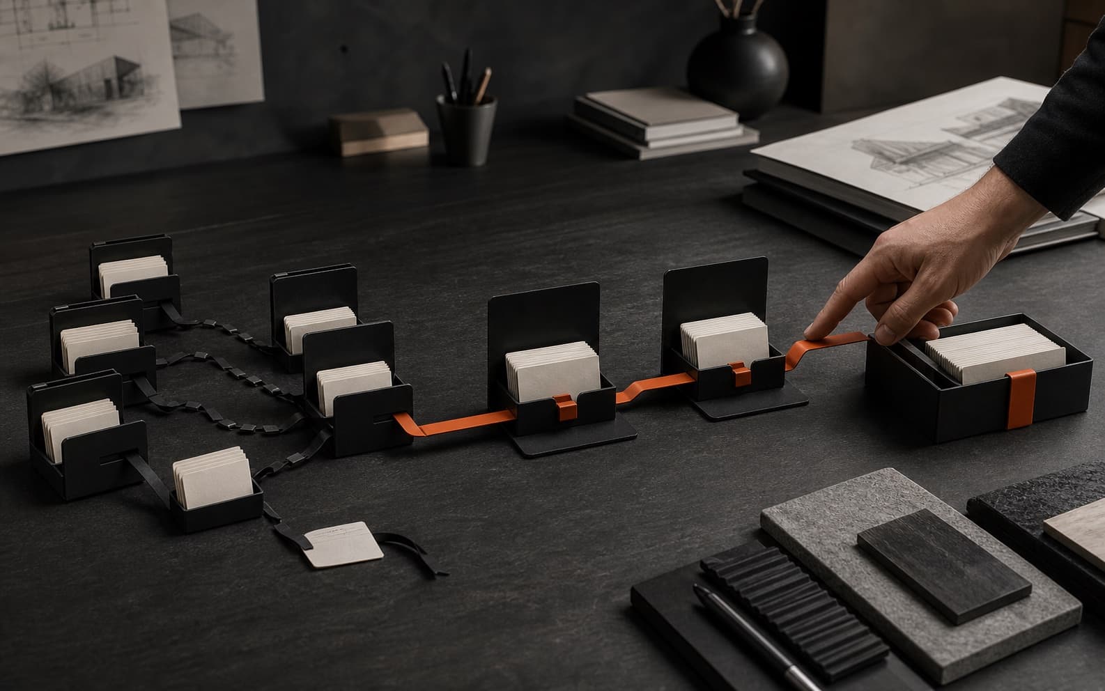 Dark operations worktable with fragmented black record modules on the left and one orange connection carrying off-white records through an ordered system on the right.