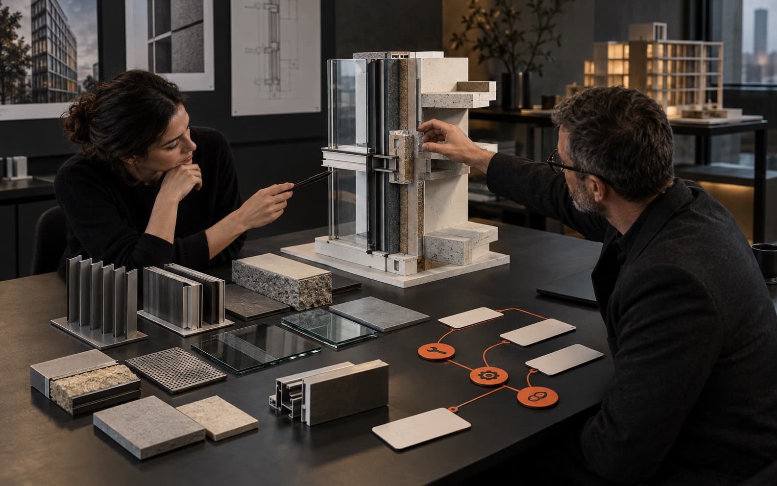 Architect and facade engineer reviewing a physical wall-and-glazing section on a dark studio table with glass, stone, metal, insulation, shading, and blank decision cards connected by orange paths.