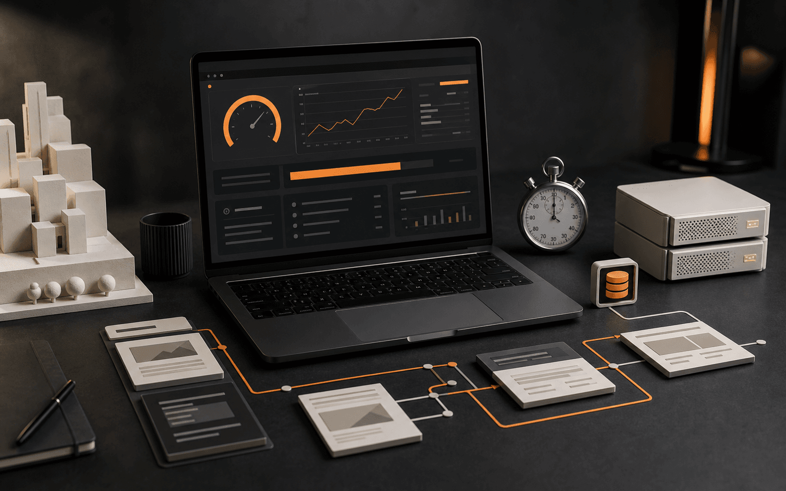 Realistic dark editorial studio scene with a laptop performance dashboard, stopwatch, server blocks, page modules, and orange routing lines representing a fast website system.