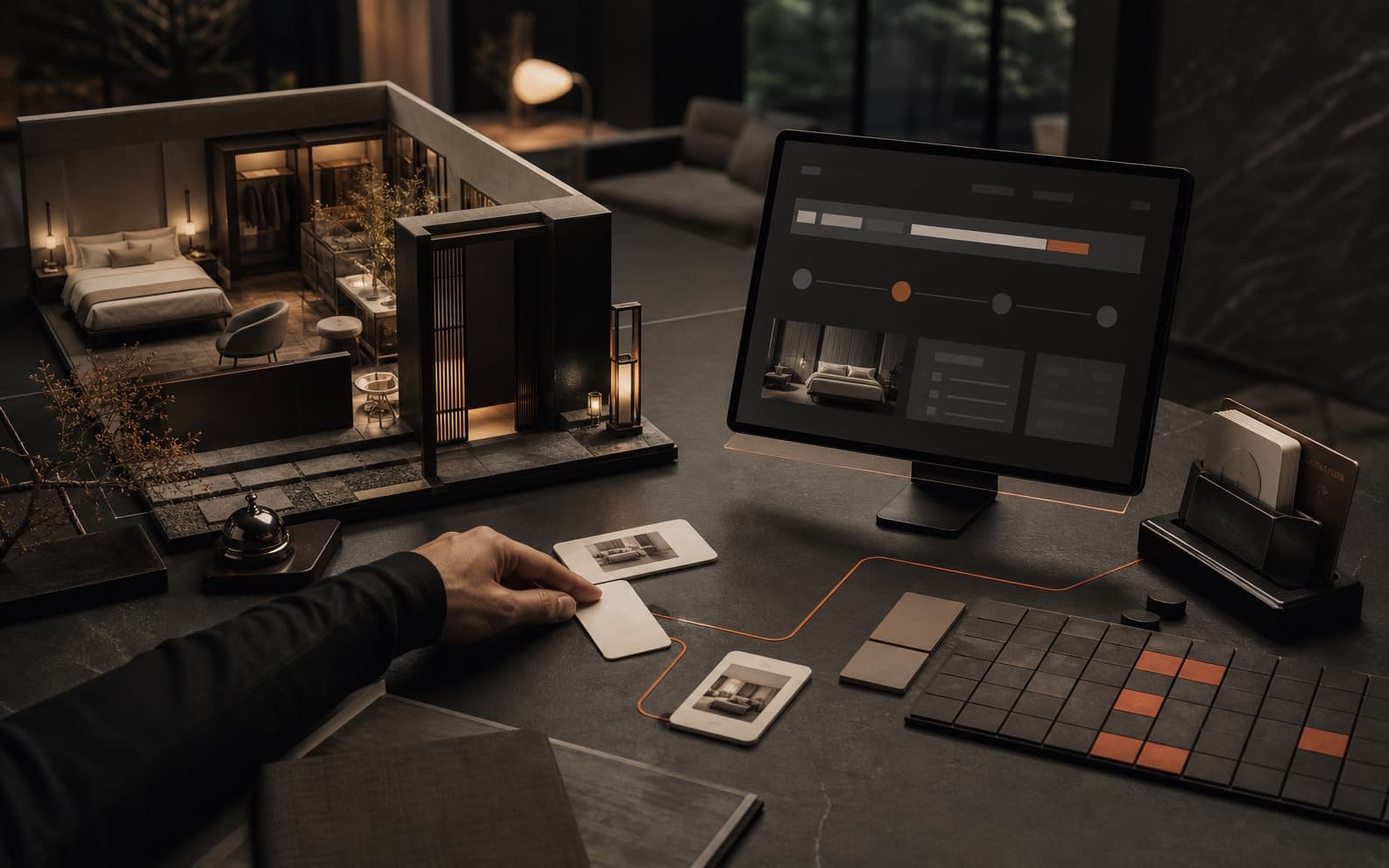 Dark hospitality strategy studio with a detailed guest-room model, an abstract booking screen, room cards, and orange routes connecting property experience to availability.