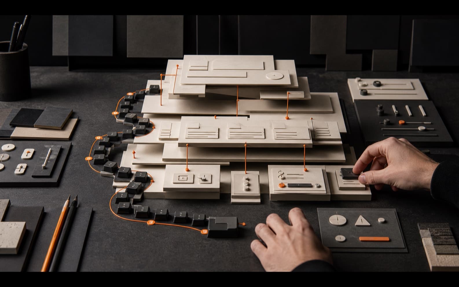 Dark engineering studio with layered off-white content modules, a numbered keyboard path, form and feedback controls, and a human reviewer testing the connected system.