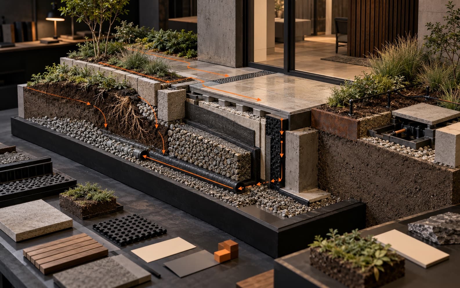 Cutaway architectural model showing planting, roots, paving, a threshold drain, waterproofing, irrigation, retaining edges, and orange water routes where landscape meets a building.