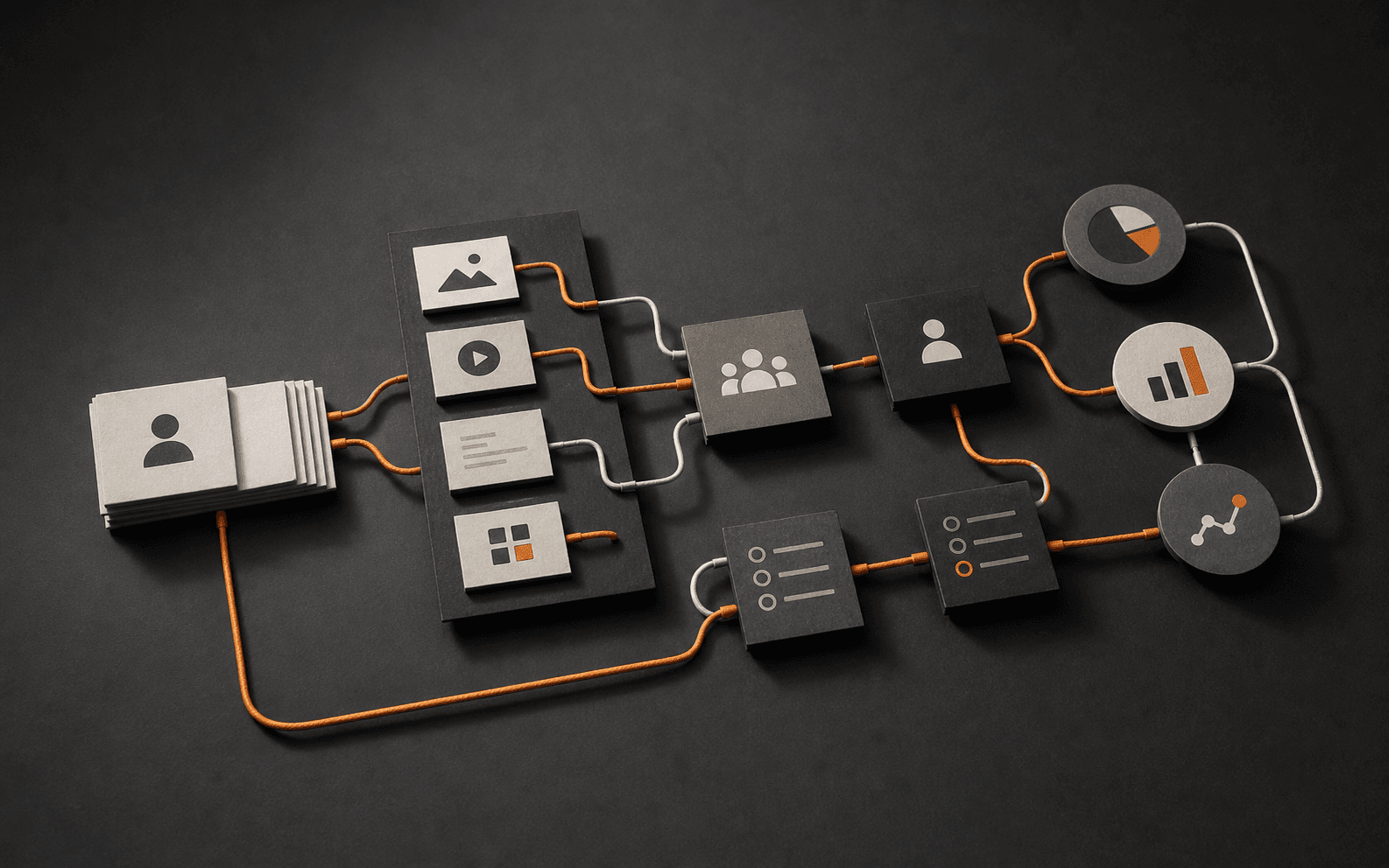 Photorealistic process map of lead source cards, content assets, CRM handoff tiles, measurement nodes, and feedback loops connected with orange and off-white cords.