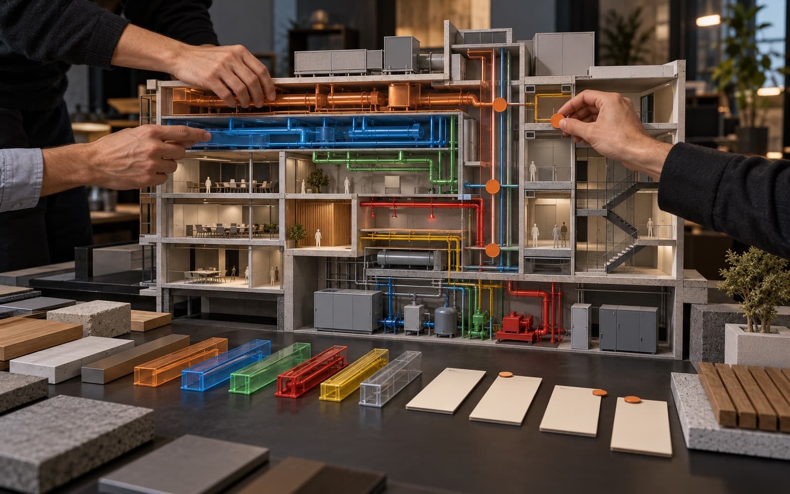 Hands coordinating colored mechanical, electrical, plumbing, fire, and controls layers through a physical building-section model while blank owner decision cards sit on a dark studio table.