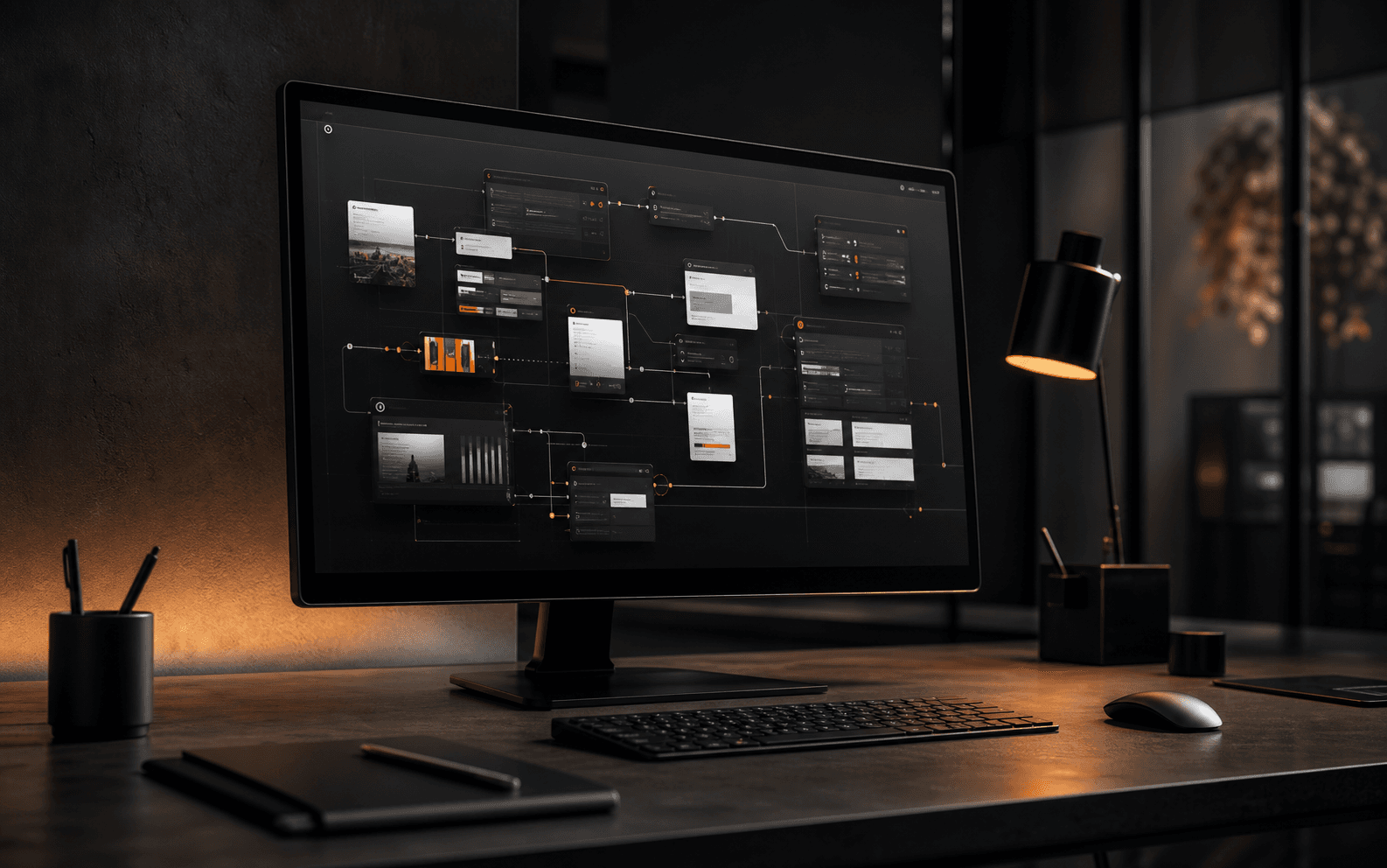Realistic dark studio workspace with a large monitor showing a connected website system interface with orange routing accents.