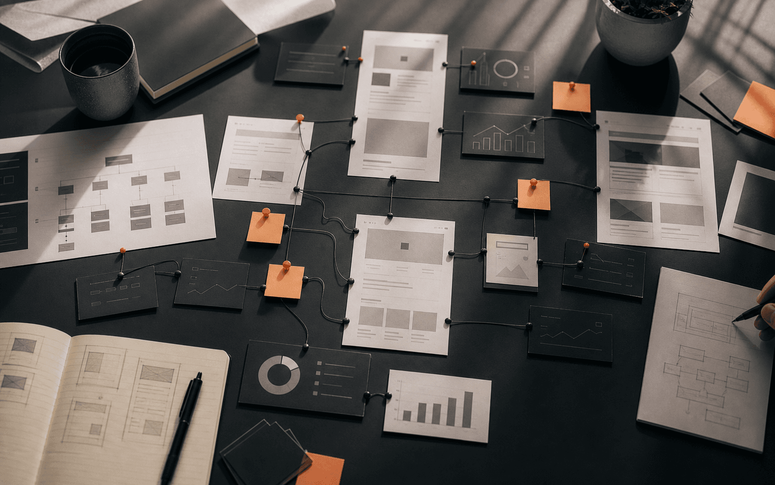 Top-down editorial photo of website wireframes, analytics cards, pins, and connector lines arranged as a routing system on a dark table.