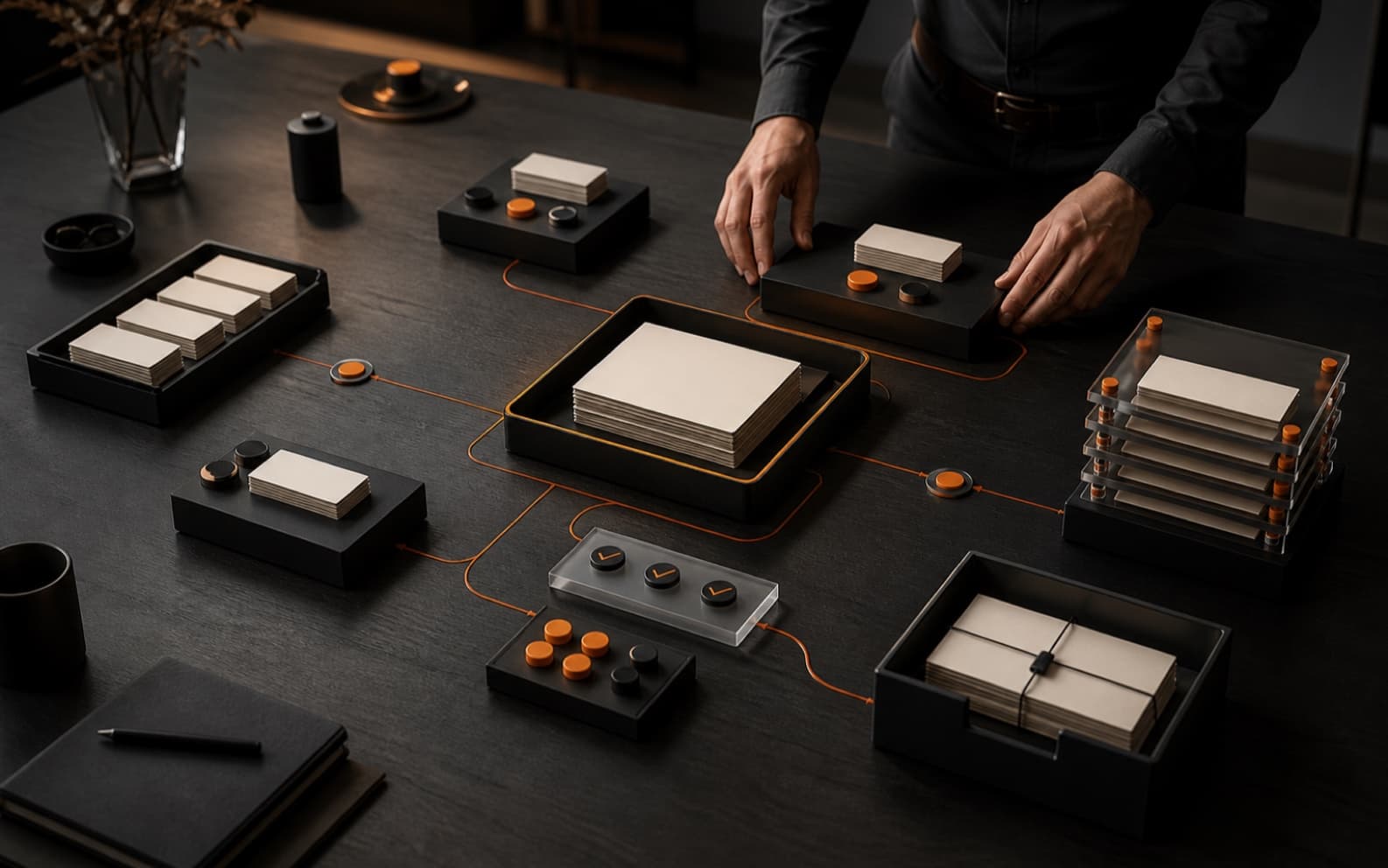 Operations lead arranging blank record cards across matte-black system blocks connected to a central authoritative tray by restrained orange paths on a dark studio table.