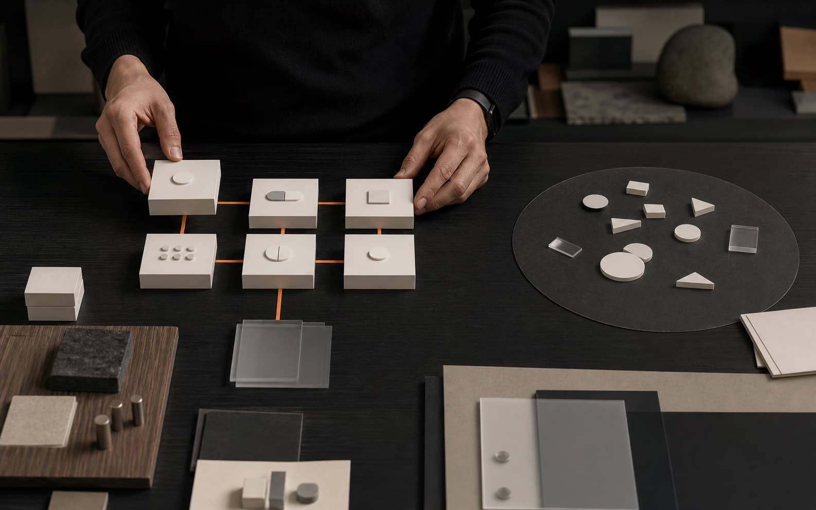 Product lead arranging six blank modular decision blocks connected by restrained orange paths beside an open exploration area on a dark studio table.