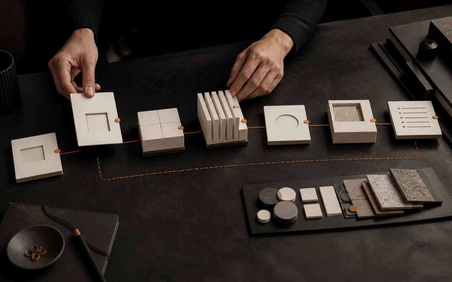 Professional arranging off-white service modules along a thin orange delivery path on a dark graphite strategy table, with separate customization pieces nearby.