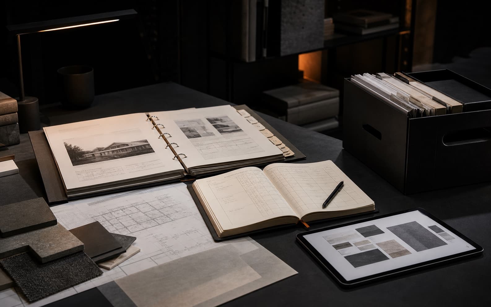 Dark multidisciplinary project studio with an open decision ledger, organized drawings, material samples, review tabs, and a prepared handover box.