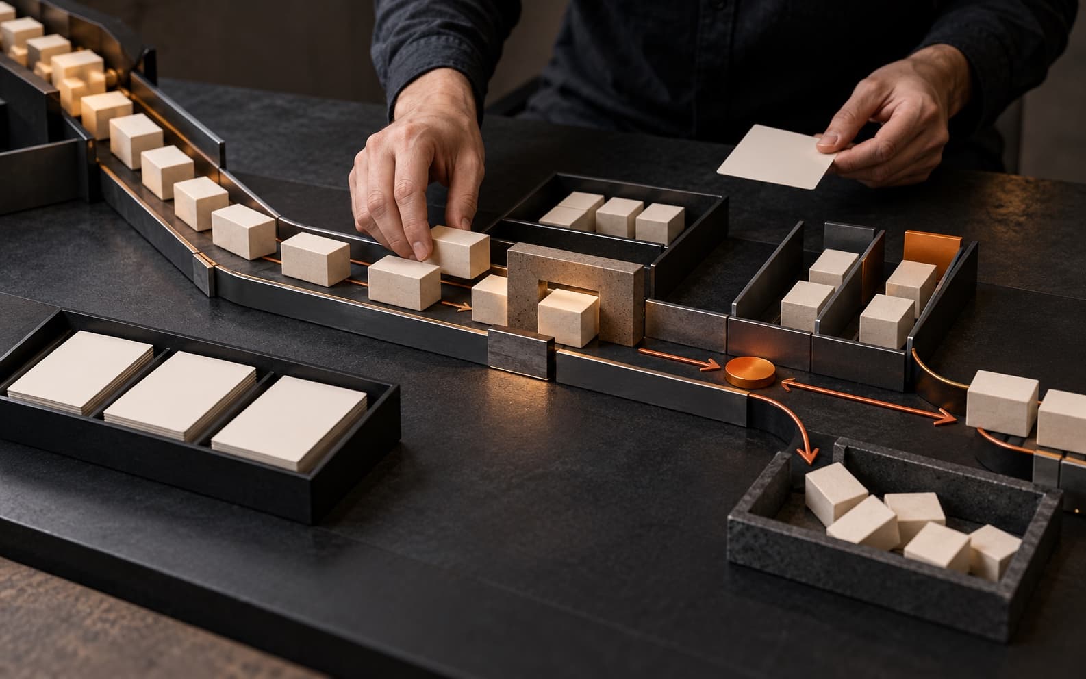 A service operations lead moves pale demand blocks through dark capacity lanes, a concrete quality gate, orange priority markers, and a controlled overflow path on a graphite table.