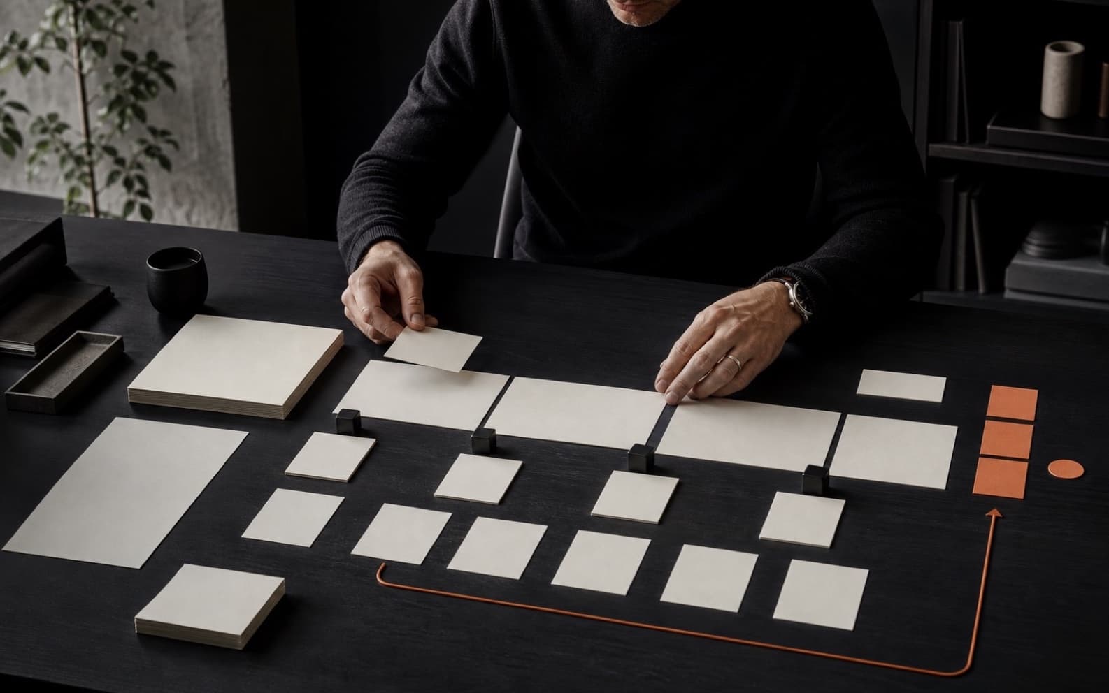 Service lead arranging blank quality criteria cards, evidence blocks, review gates, exception markers, and an orange feedback path on a dark studio table.