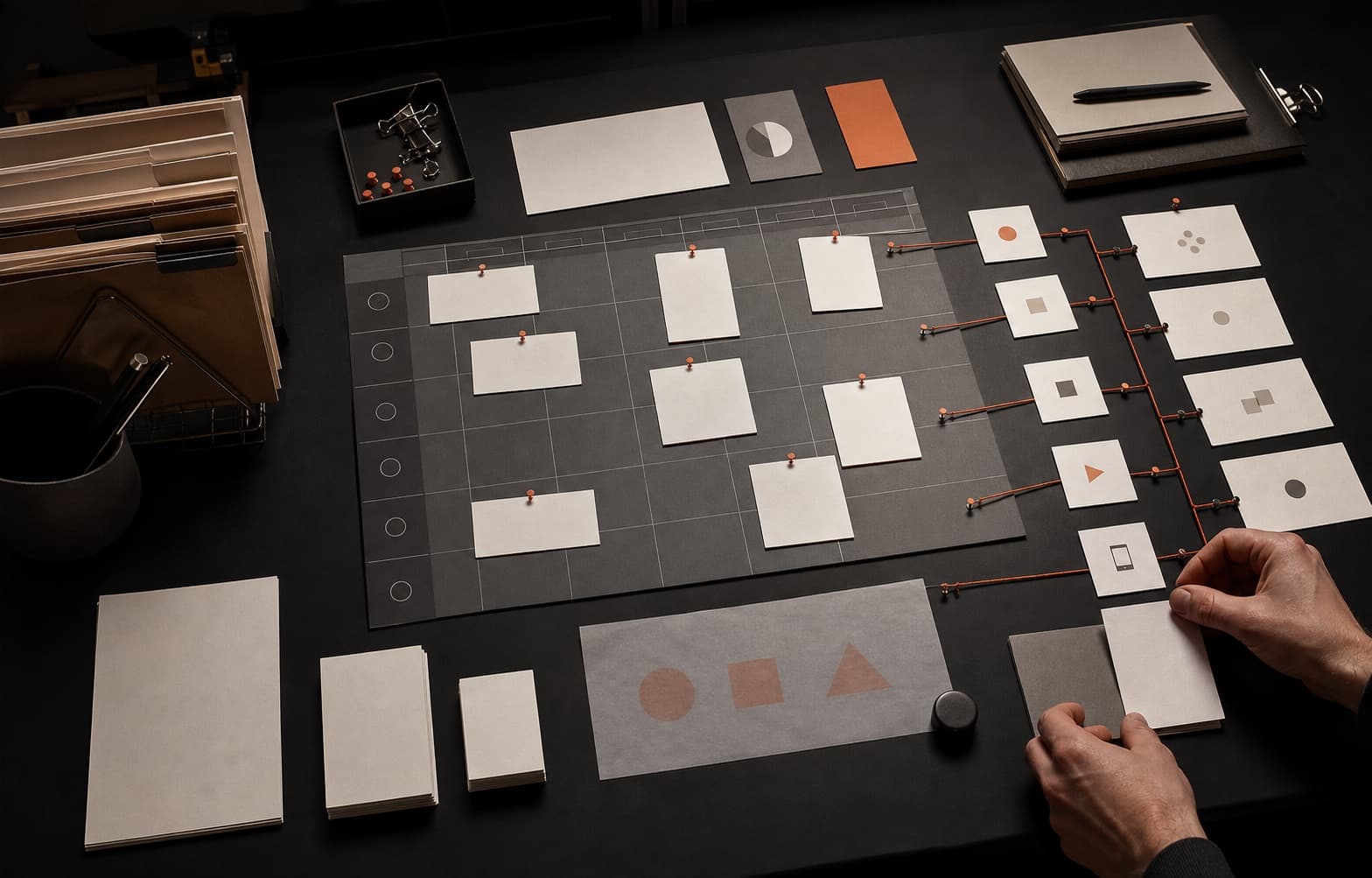 Dark editorial studio table with blank story cards arranged on a planning grid and connected by orange threads to channel-format cards while a pair of hands prepares the next item.