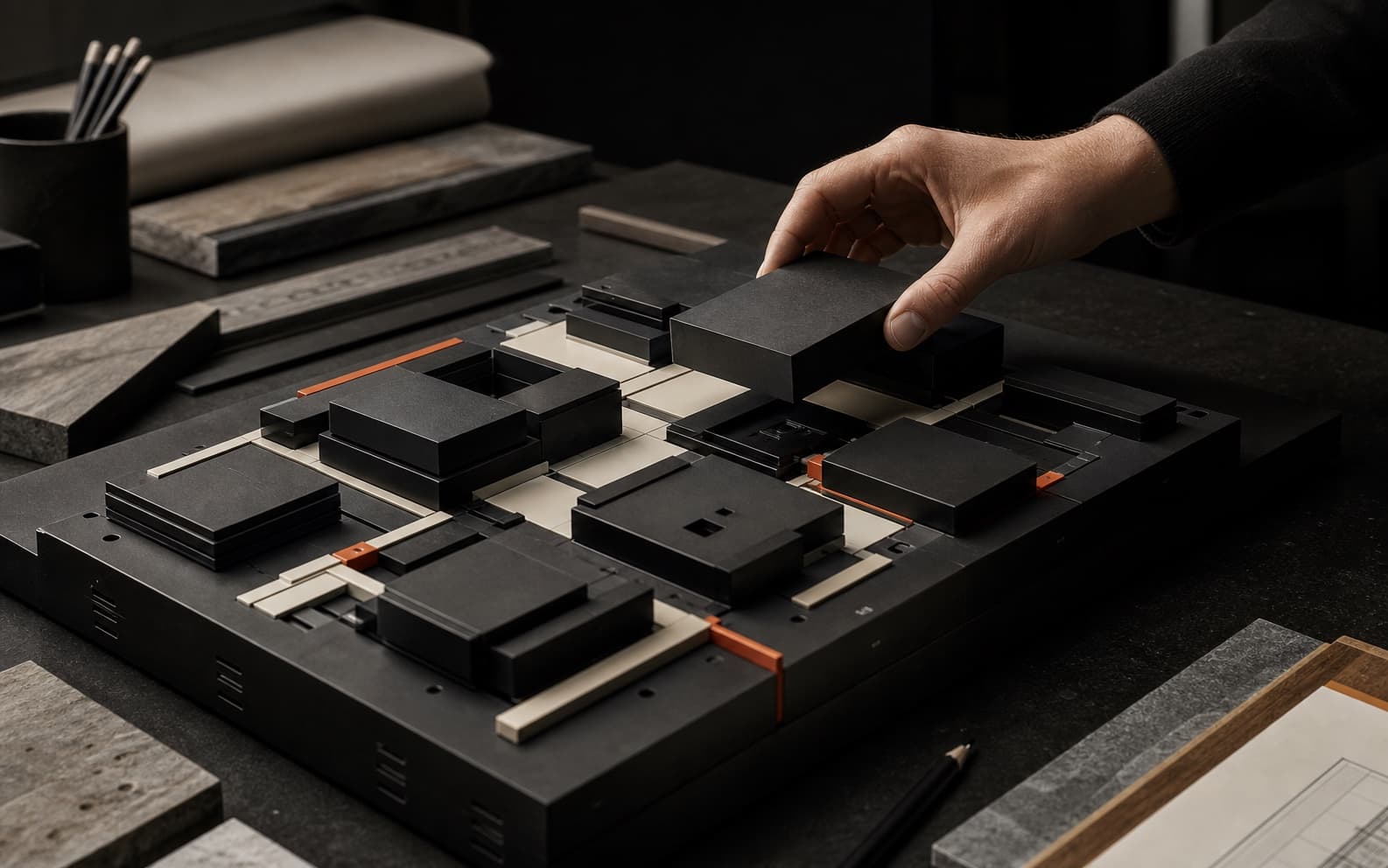 A hand lifts one matte-black block from a precise modular model connected by off-white plates and restrained orange routes on a dark studio workbench.