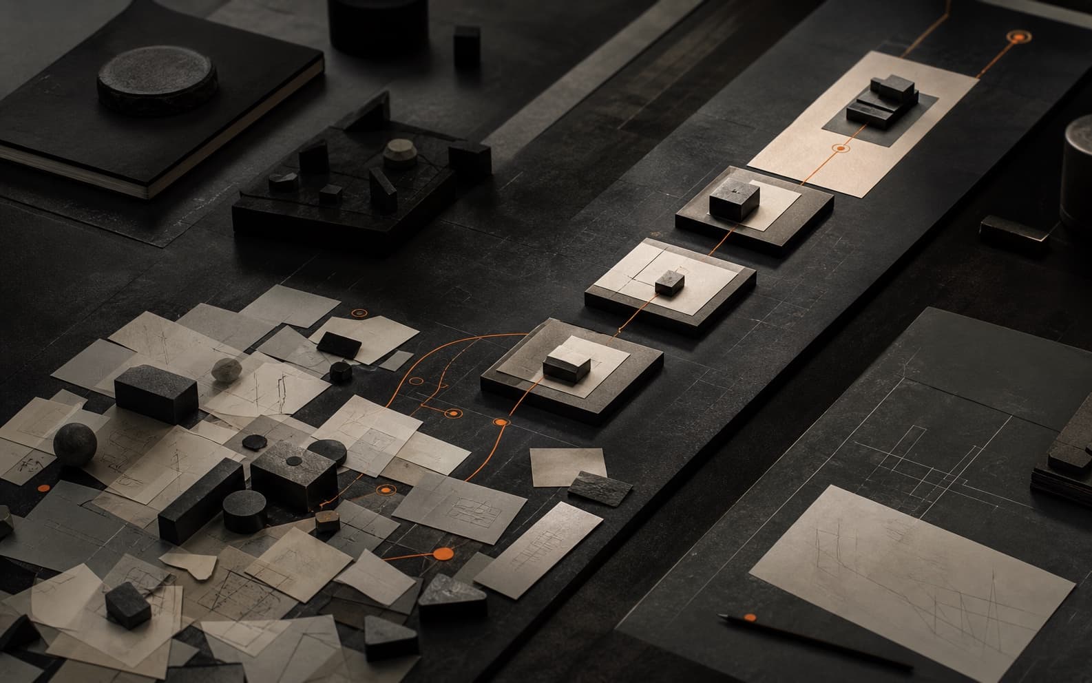Dark strategy studio table where scattered off-white fragments and graphite blocks converge through thin orange routes into a small sequence of aligned decisions.