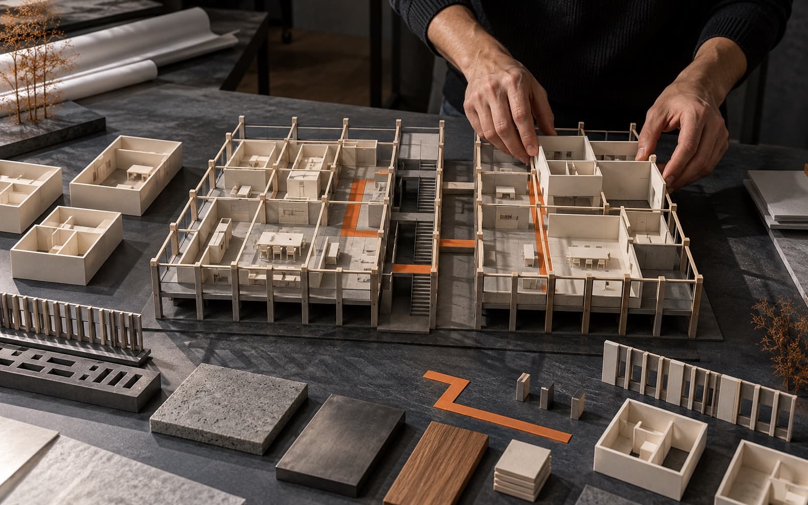 An architect's hands rearrange pale room modules inside a physical timber structural frame while façade pieces, service strips, and restrained orange adaptation paths sit on a dark studio table.