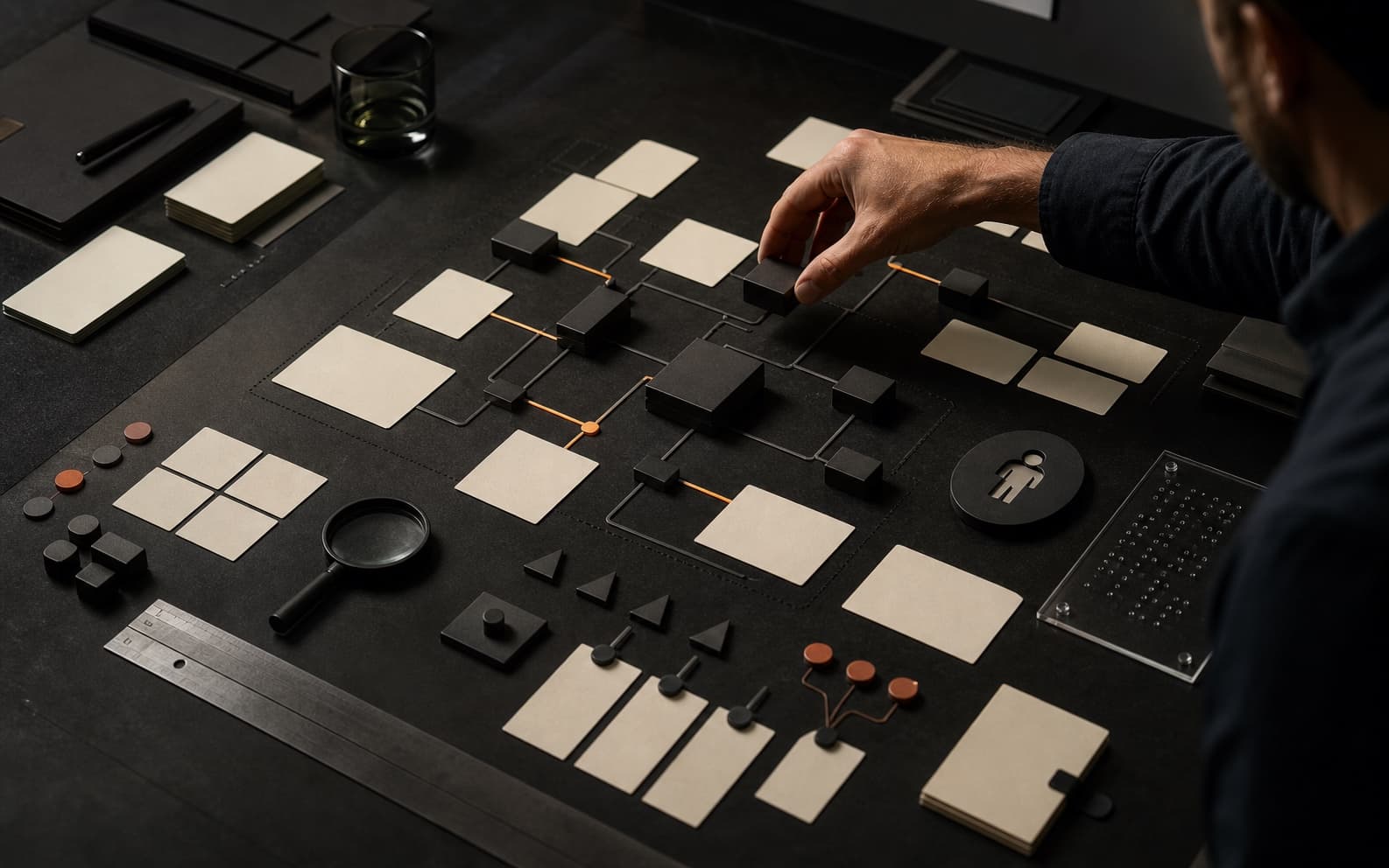 Technical lead moving a black dependency block through a physical system map of blank cards, data tokens, boundaries, and restrained orange risk paths on a dark engineering studio table.