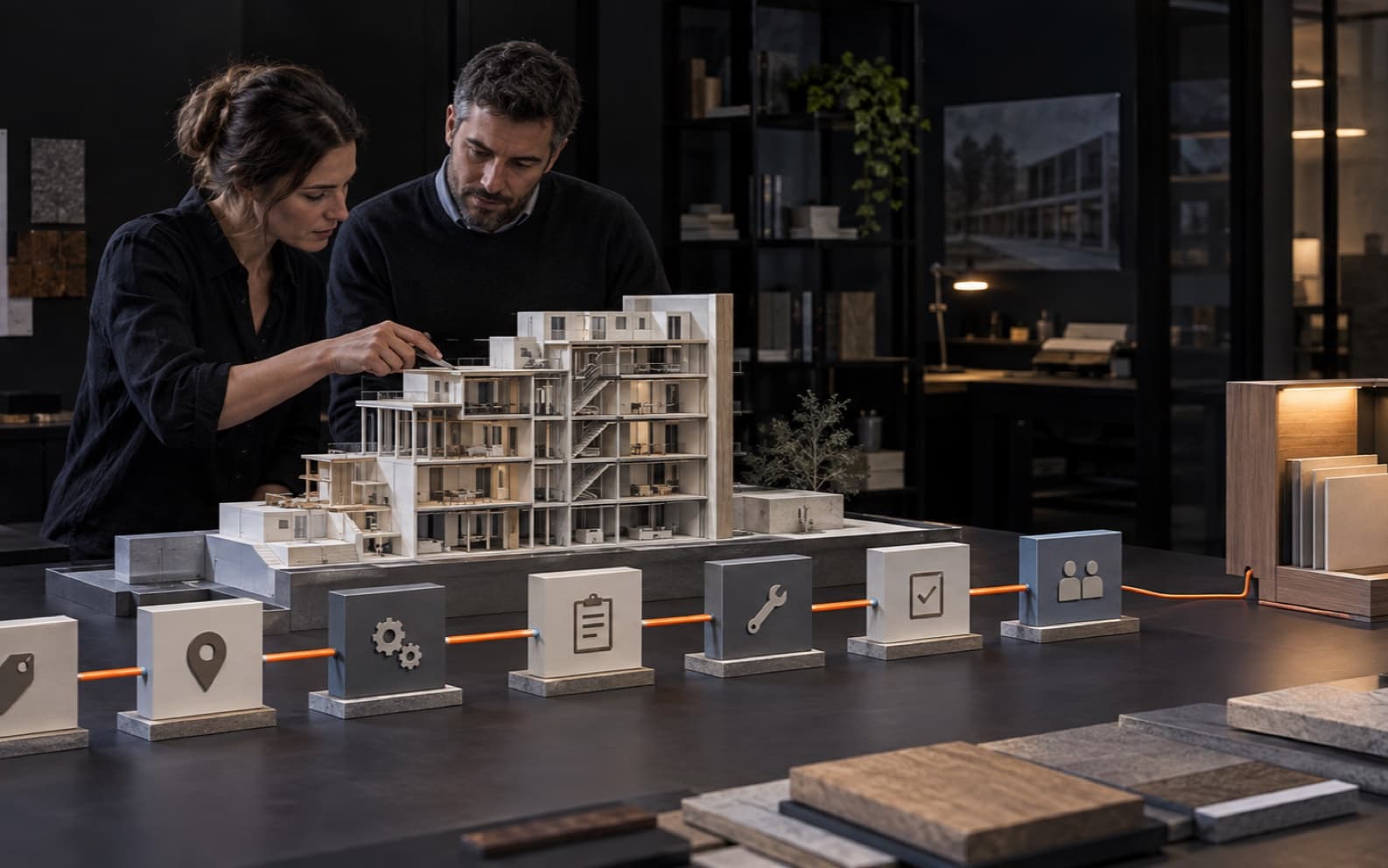BIM information manager and facilities operator reviewing a physical building section connected by orange paths to abstract asset, location, maintenance, acceptance, and handover blocks in a dark studio.